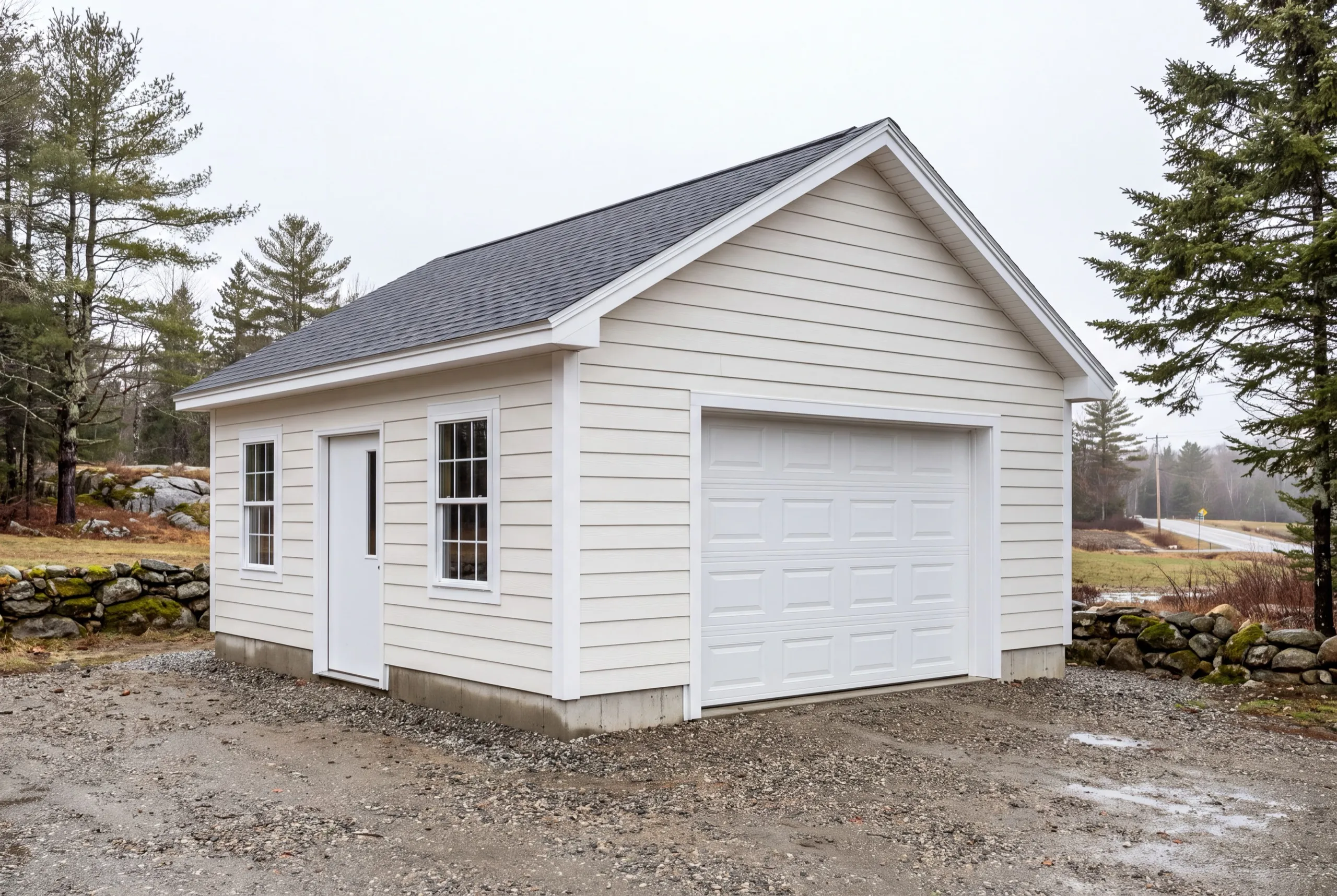 Custom garage builder Whitefield Maine: detached white one-bay garage with an entry door and two windows
