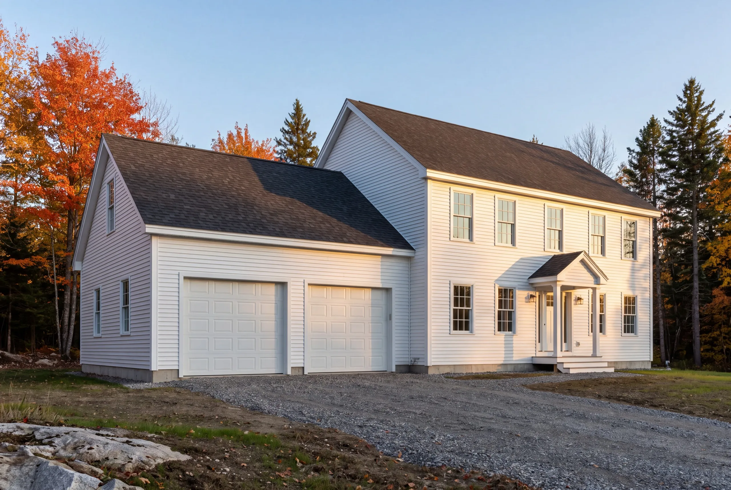 Garage builder Windsor Maine: white two-story colonial with an attached two-bay garage wing on gravel
