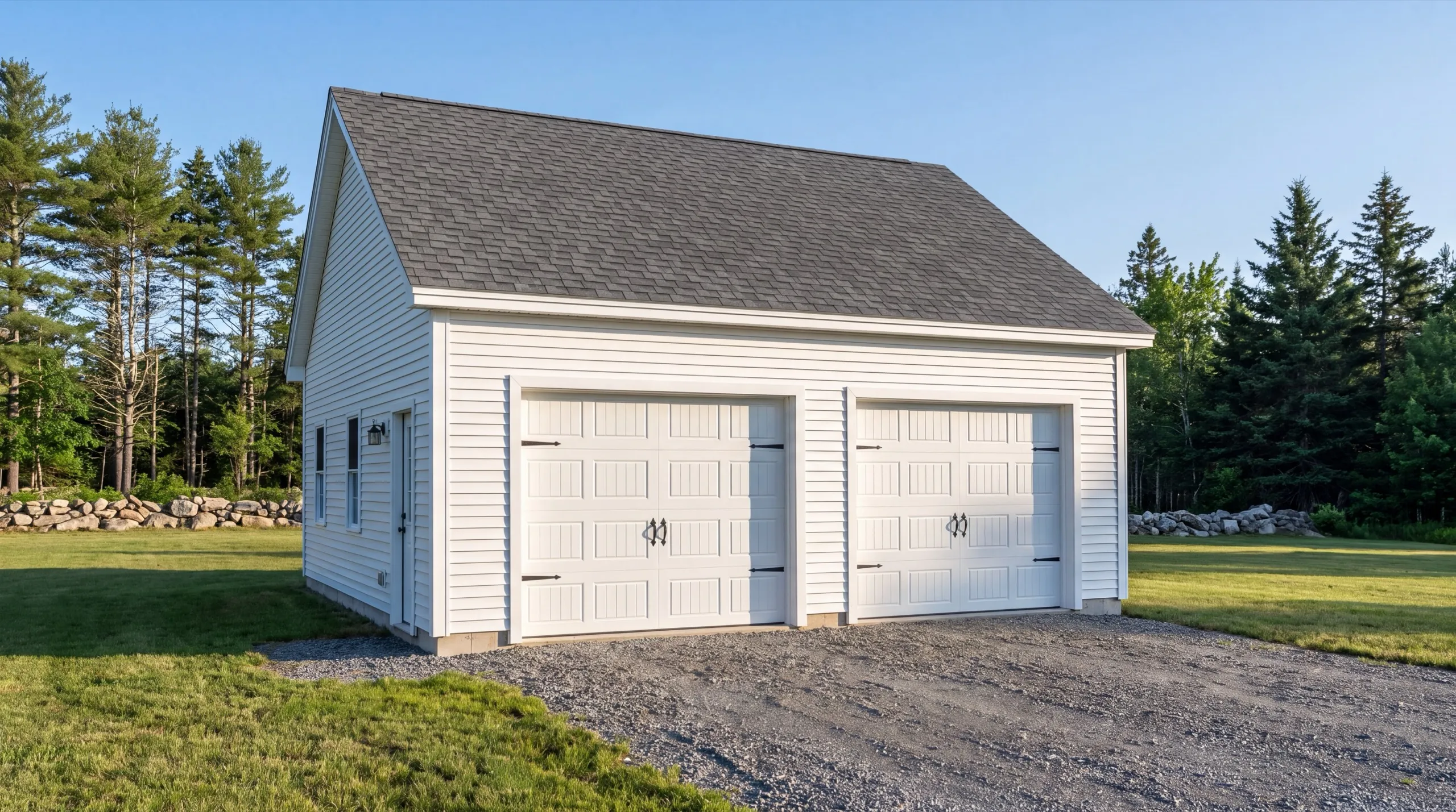 Garage builders in Windsor, ME: finished white two-bay garage with carriage-style doors on a green lawn