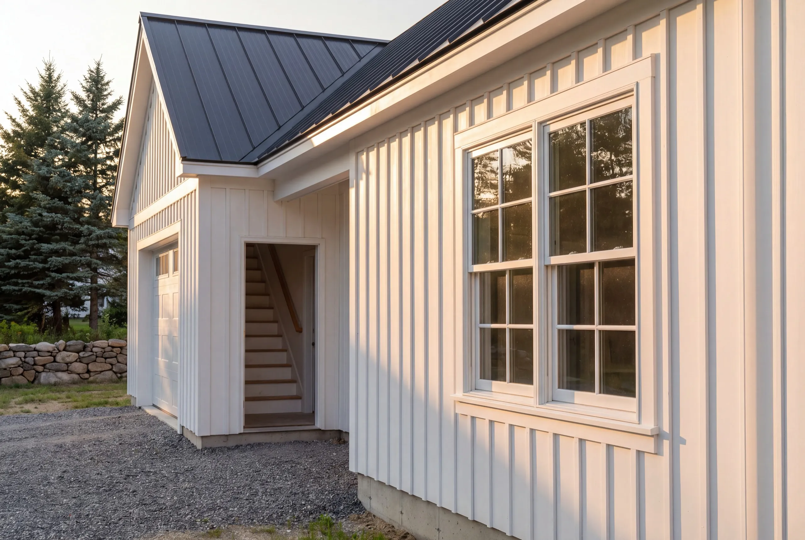 Garage builder Windsor Maine: white board-and-batten garage with a metal roof and a stair to the loft