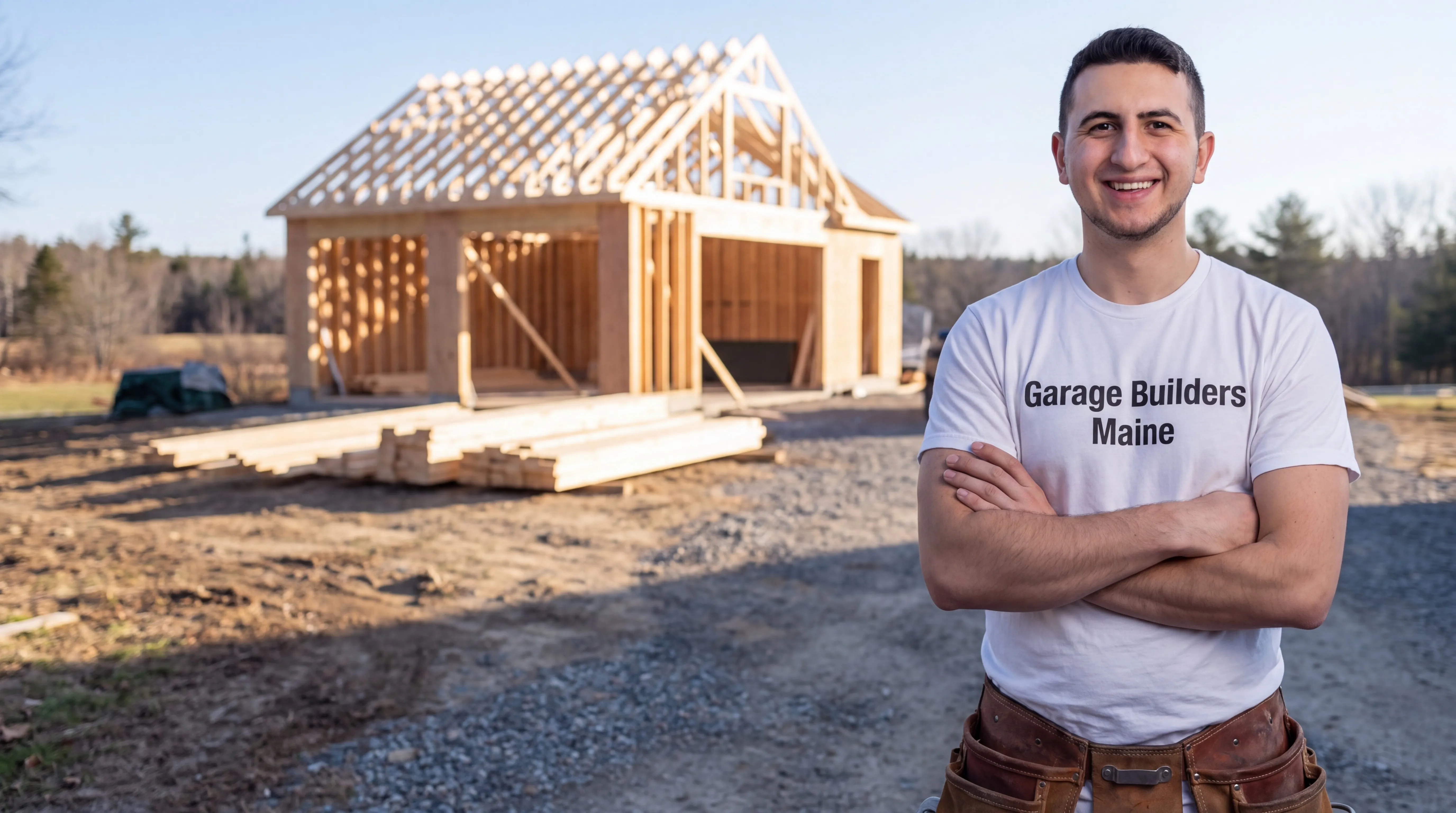 Owner of Garage Builders Maine standing with his arms crossed and smiling at a Maine job site