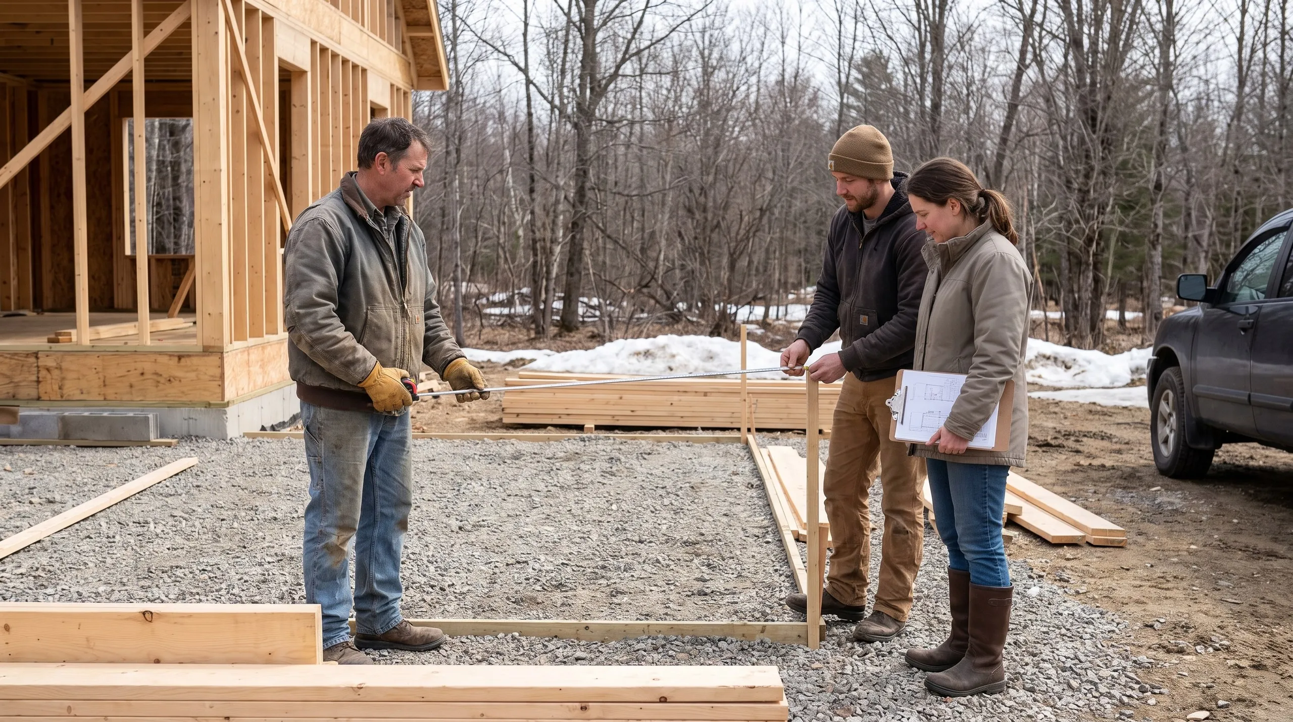 Garage builders Windsor Maine: builders measure between layout stakes on a gravel pad as a homeowner holds plans on a clipboard