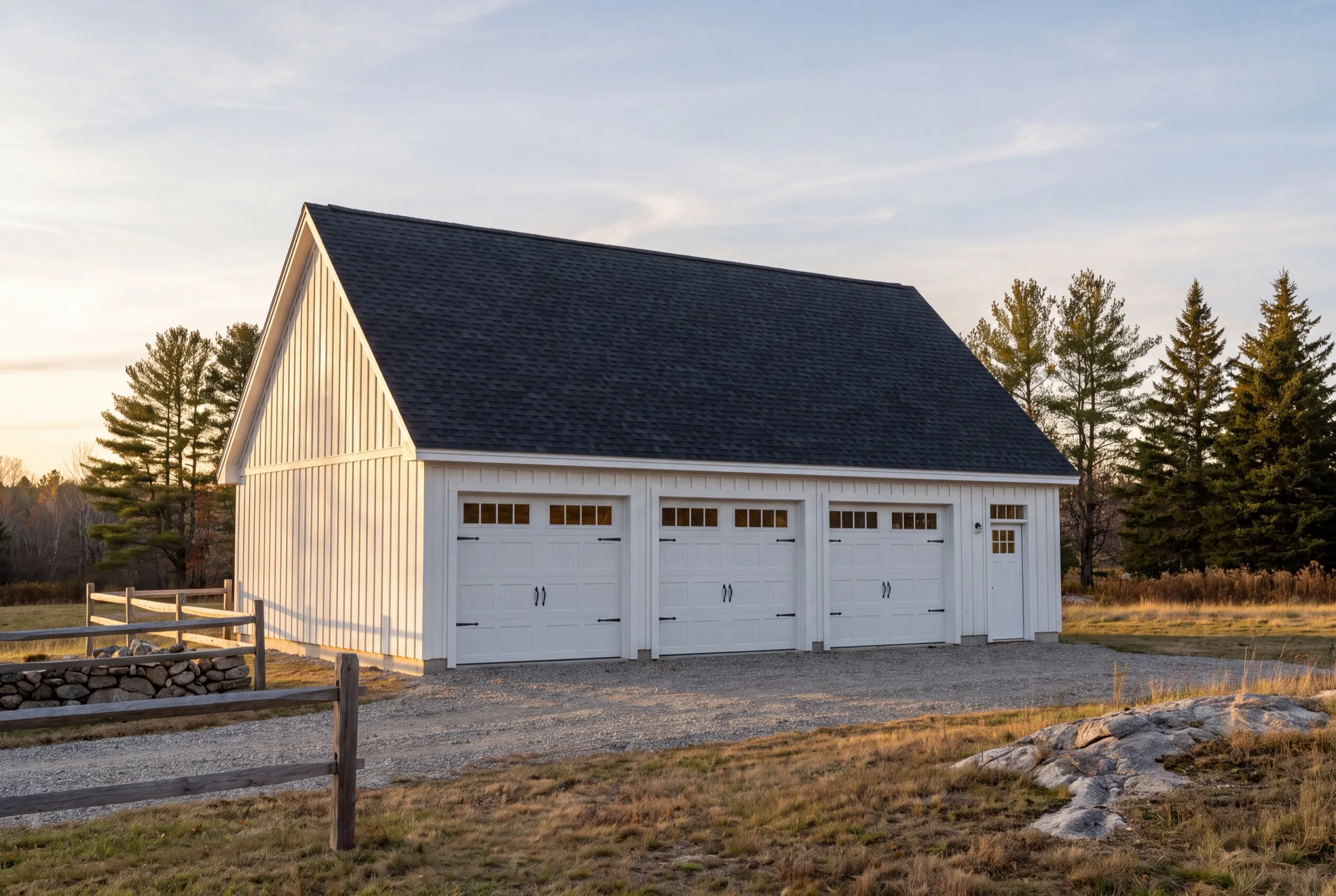 Garage builder Windsor Maine: white board-and-batten three-bay garage with carriage doors and a rail fence
