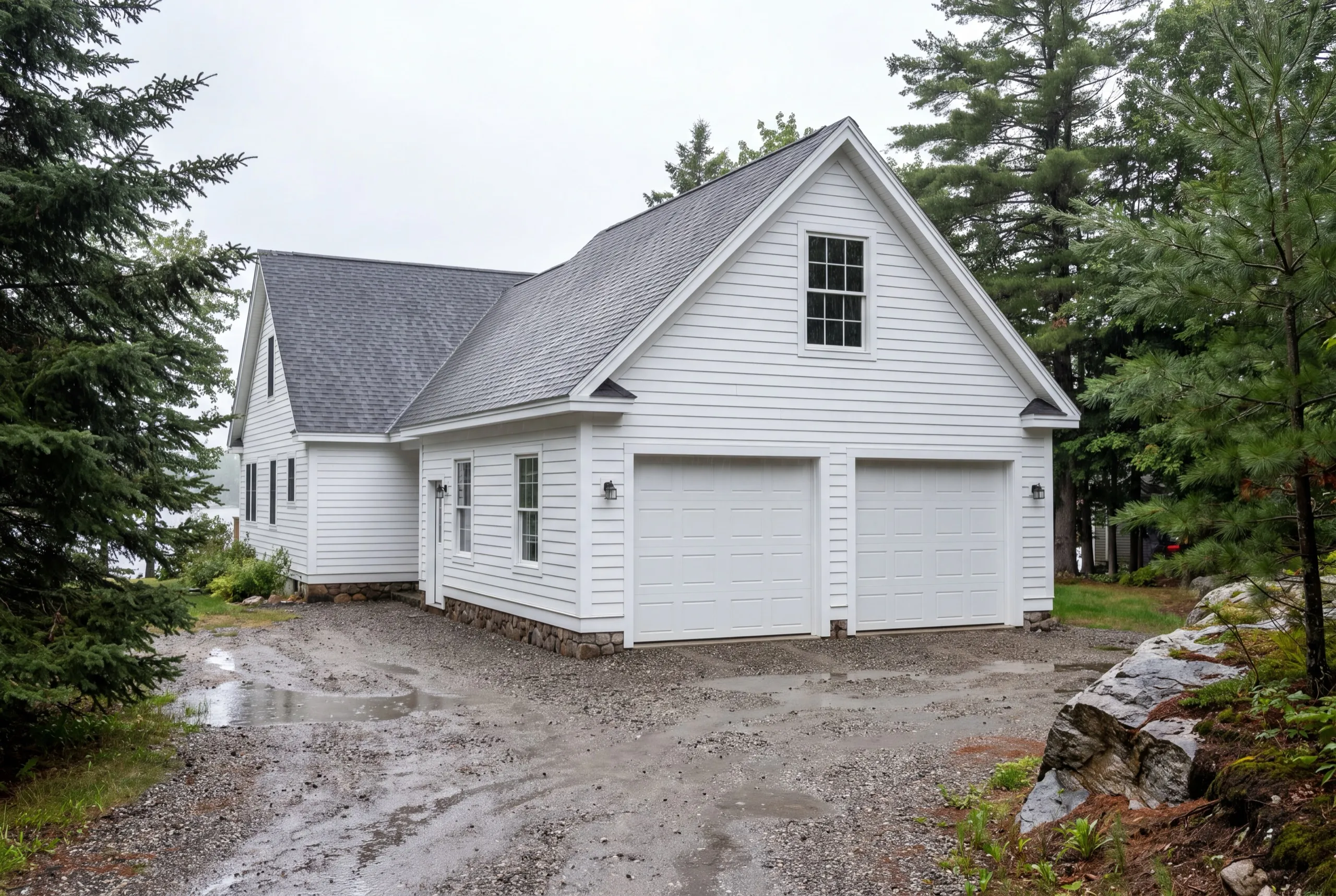 Garage builders Winthrop Maine: white two-bay garage with a gable window joined to a white house