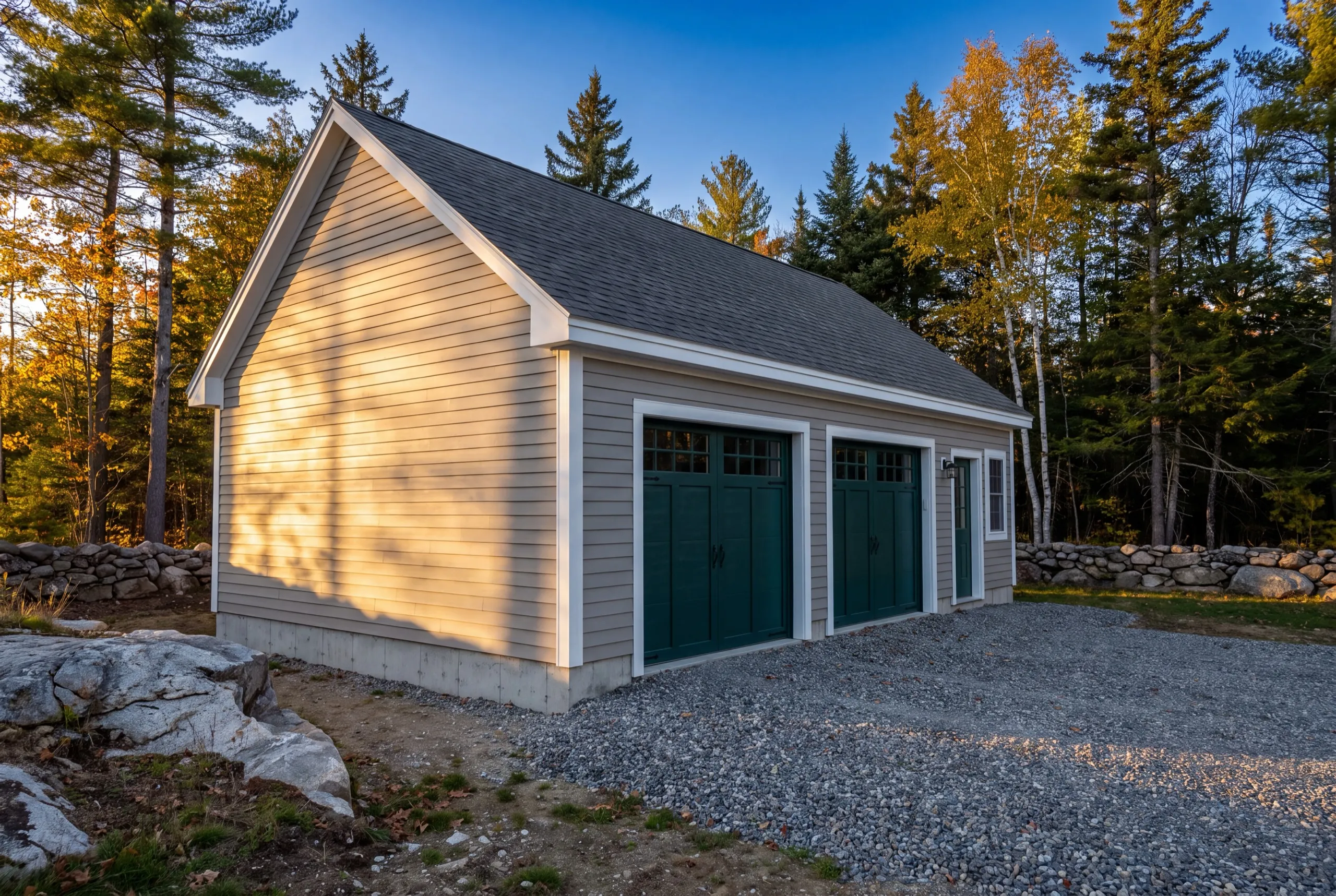Detached garage builder Winthrop Maine: detached tan two-bay garage with green carriage doors and a side entry door