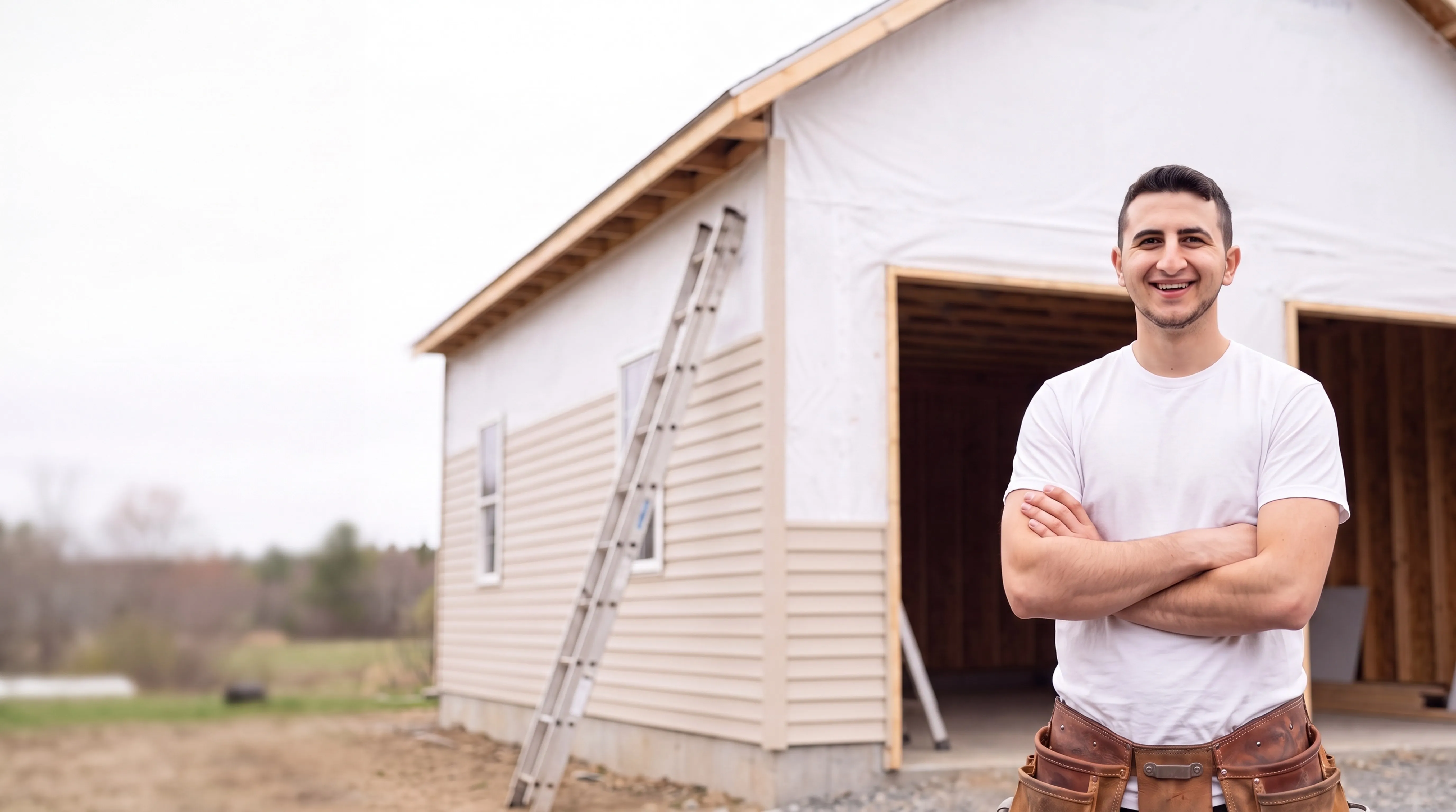 Garage builders Winthrop Maine: smiling owner with arms crossed and a tool belt by a wrapped garage with siding half on