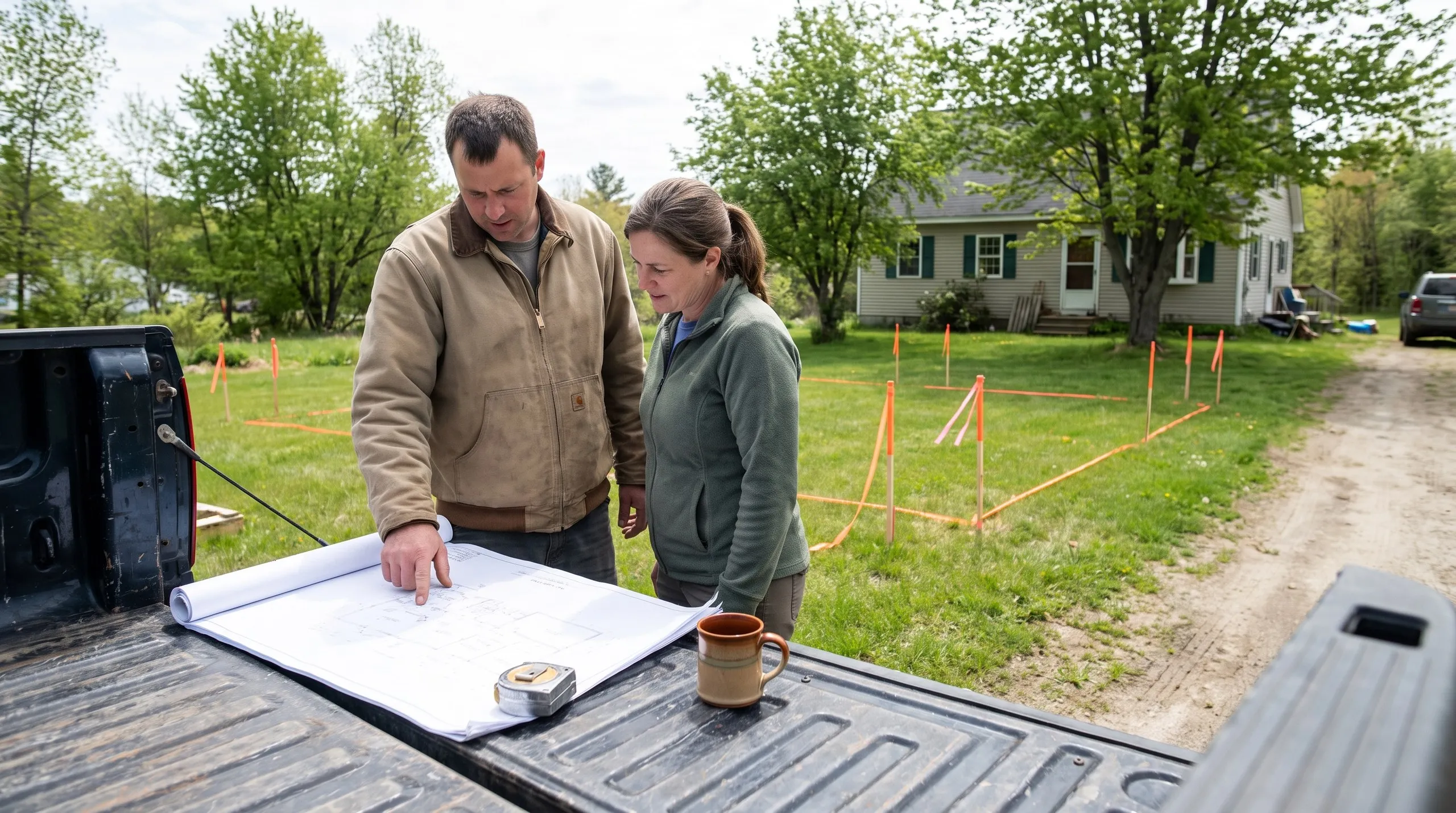 Garage builders Winthrop Maine: builder points out plans on a pickup tailgate to a homeowner beside a staked outline on the lawn
