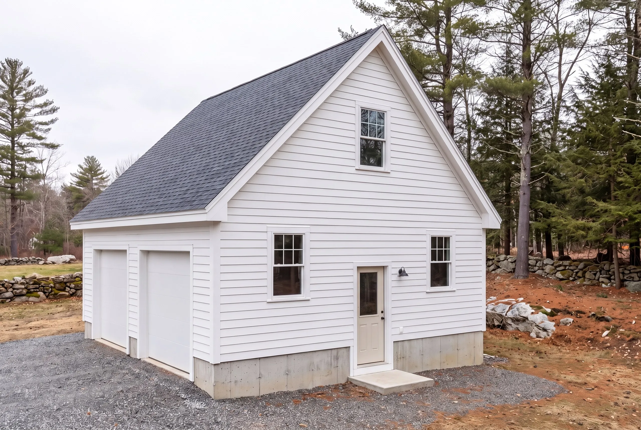 Garage builder Winthrop Maine: white two-bay garage with a gable loft window and a side entry door on a concrete step
