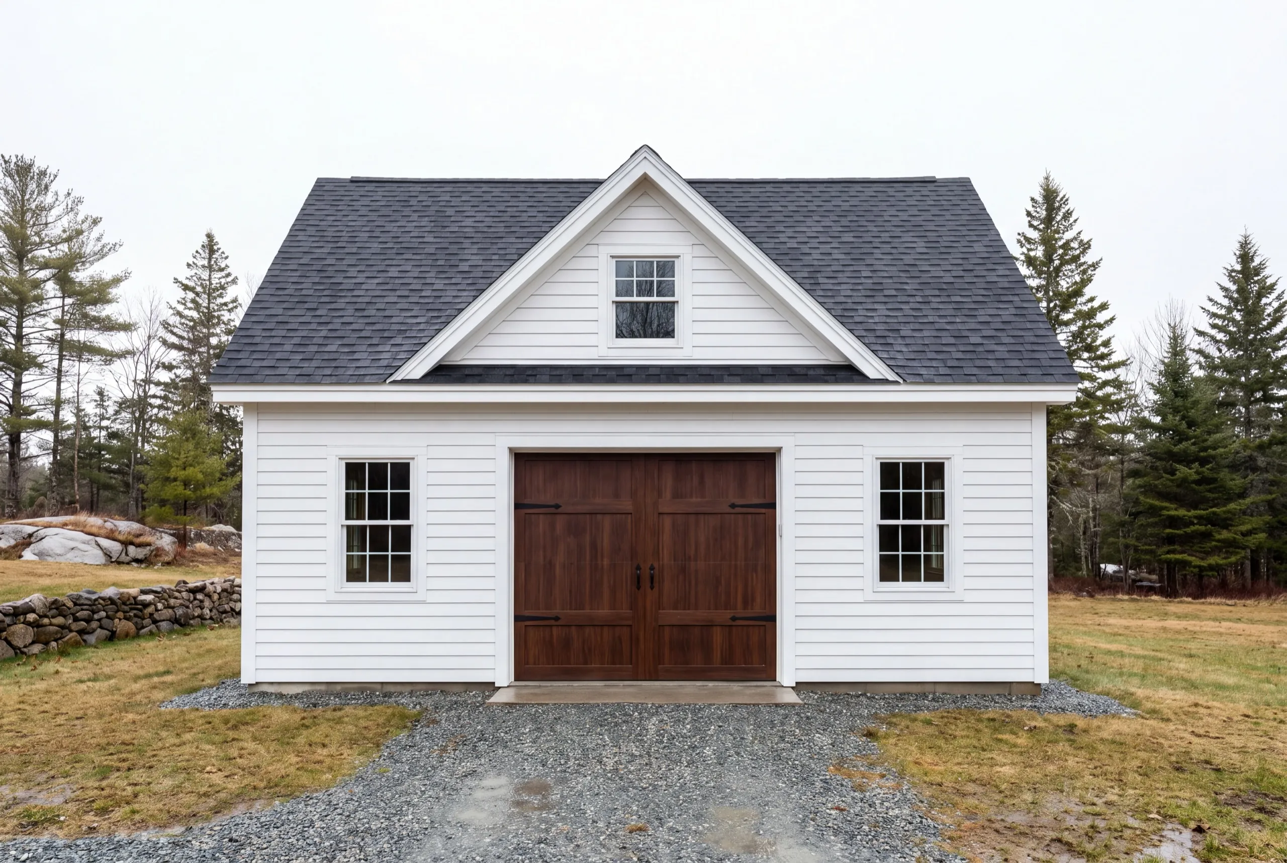 Custom garage builder Wiscasset Maine: detached white one-bay garage with dark wood carriage doors and a gable window