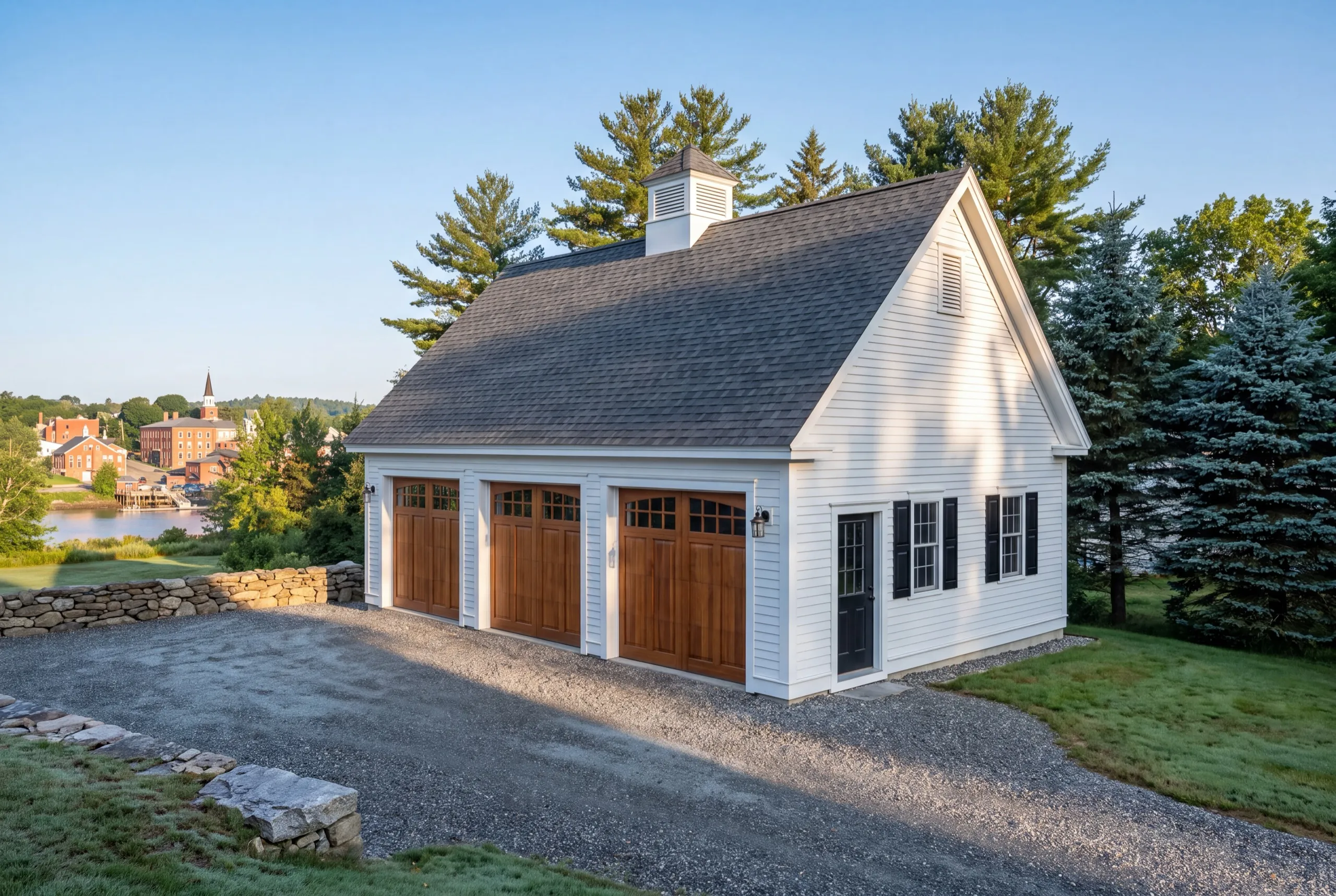 Detached garage builder Wiscasset Maine: detached white three-bay garage with wood doors and a cupola above a village