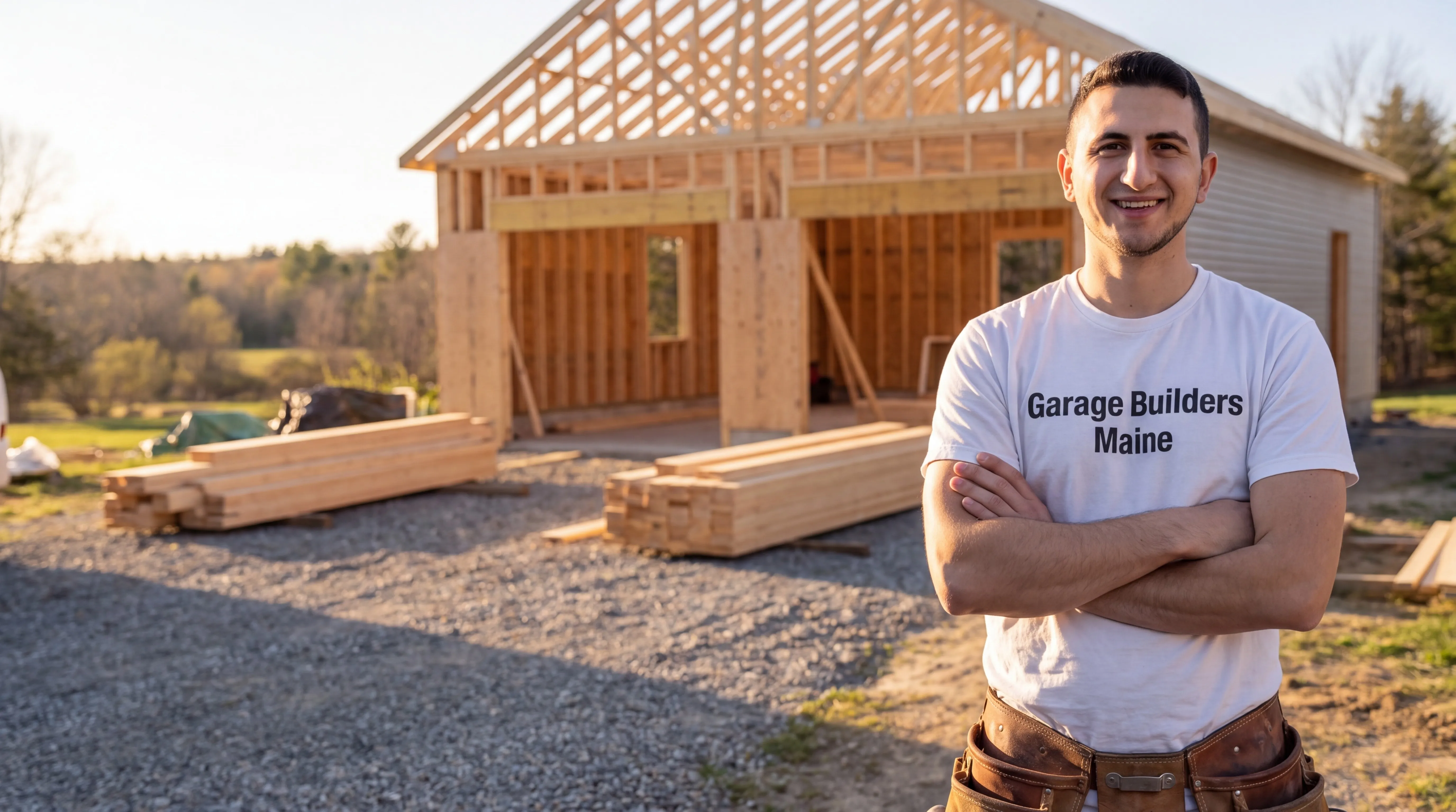Owner of Garage Builders Maine standing with his arms crossed and smiling at a Maine job site