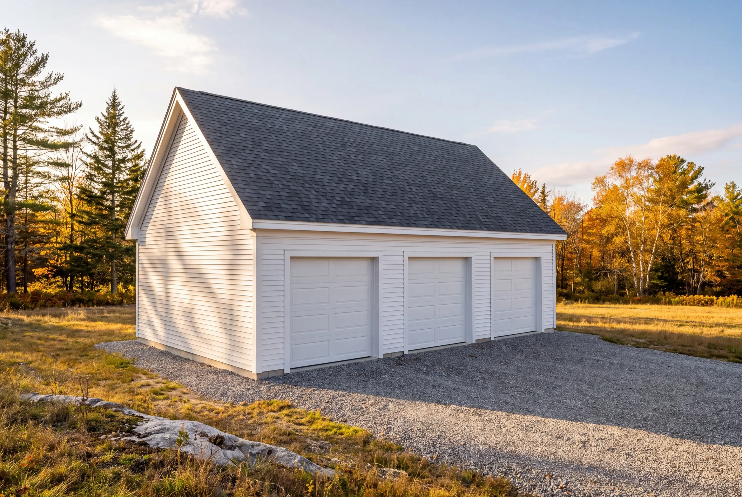 Garage builders Wiscasset Maine: white three-bay garage with white doors on a gravel drive at sunset