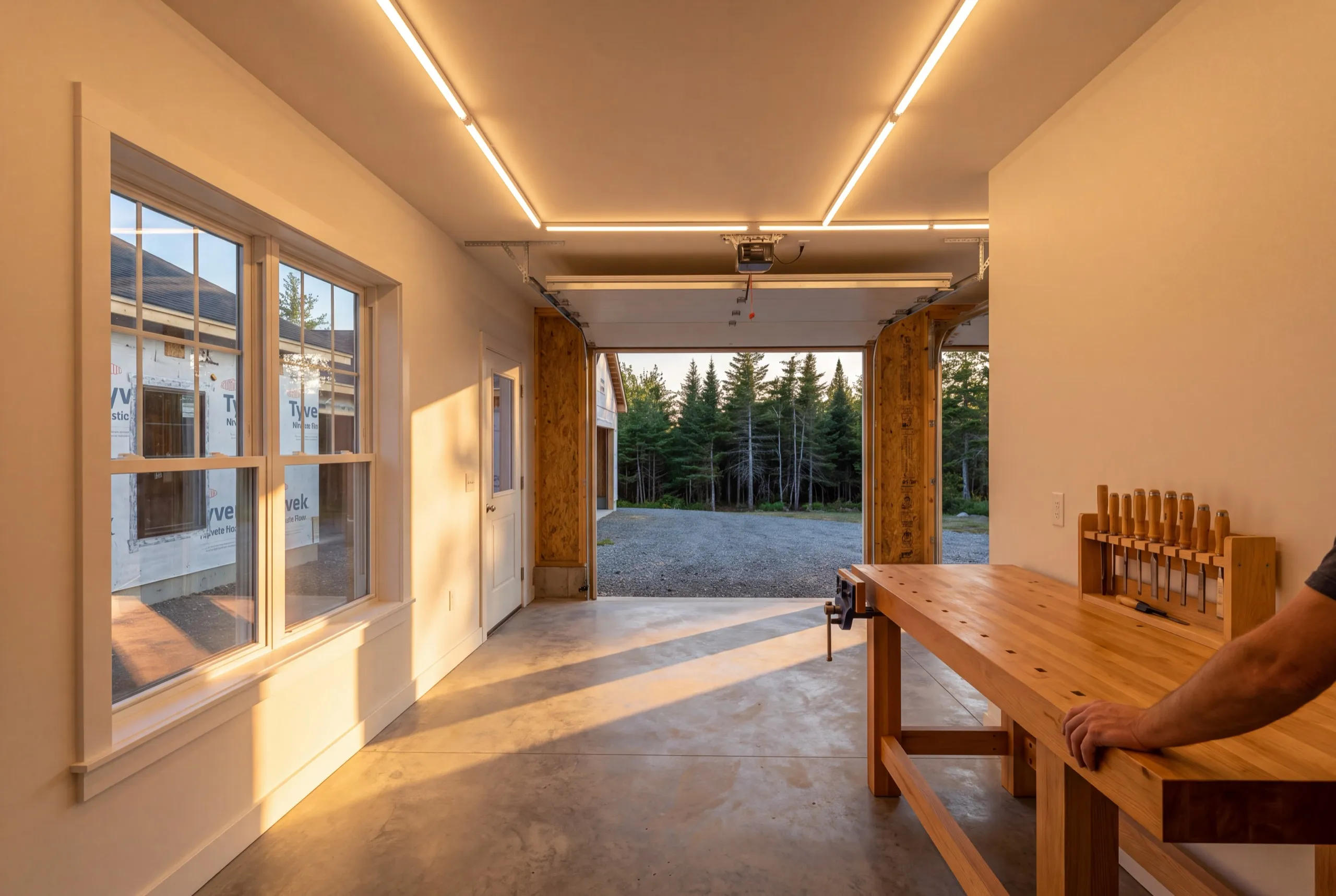 Custom garage builder Wiscasset Maine: drywalled workshop with LED strip lights, a wood bench and an open bay door