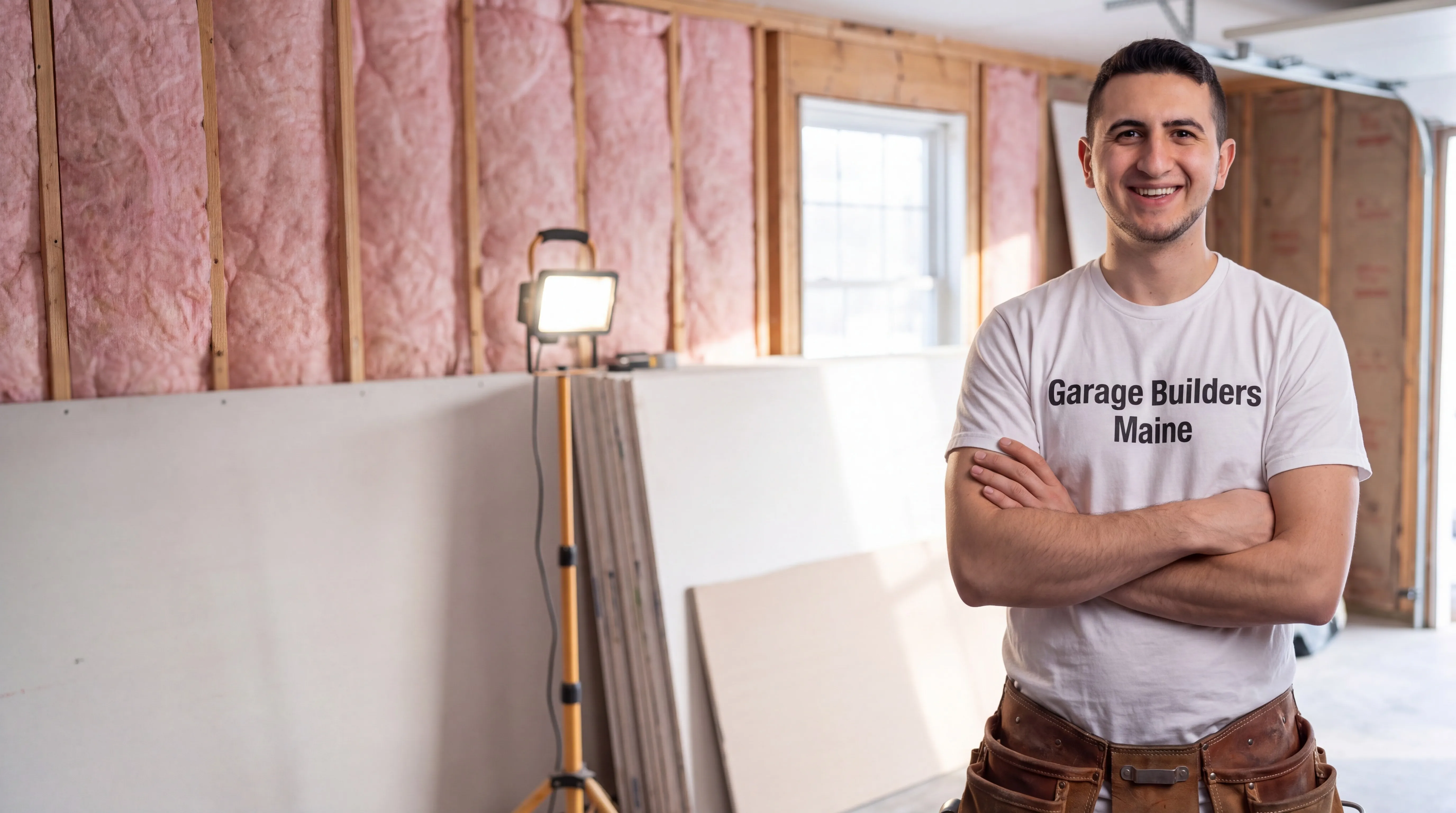 Owner of Garage Builders Maine standing with his arms crossed and smiling at a Maine job site