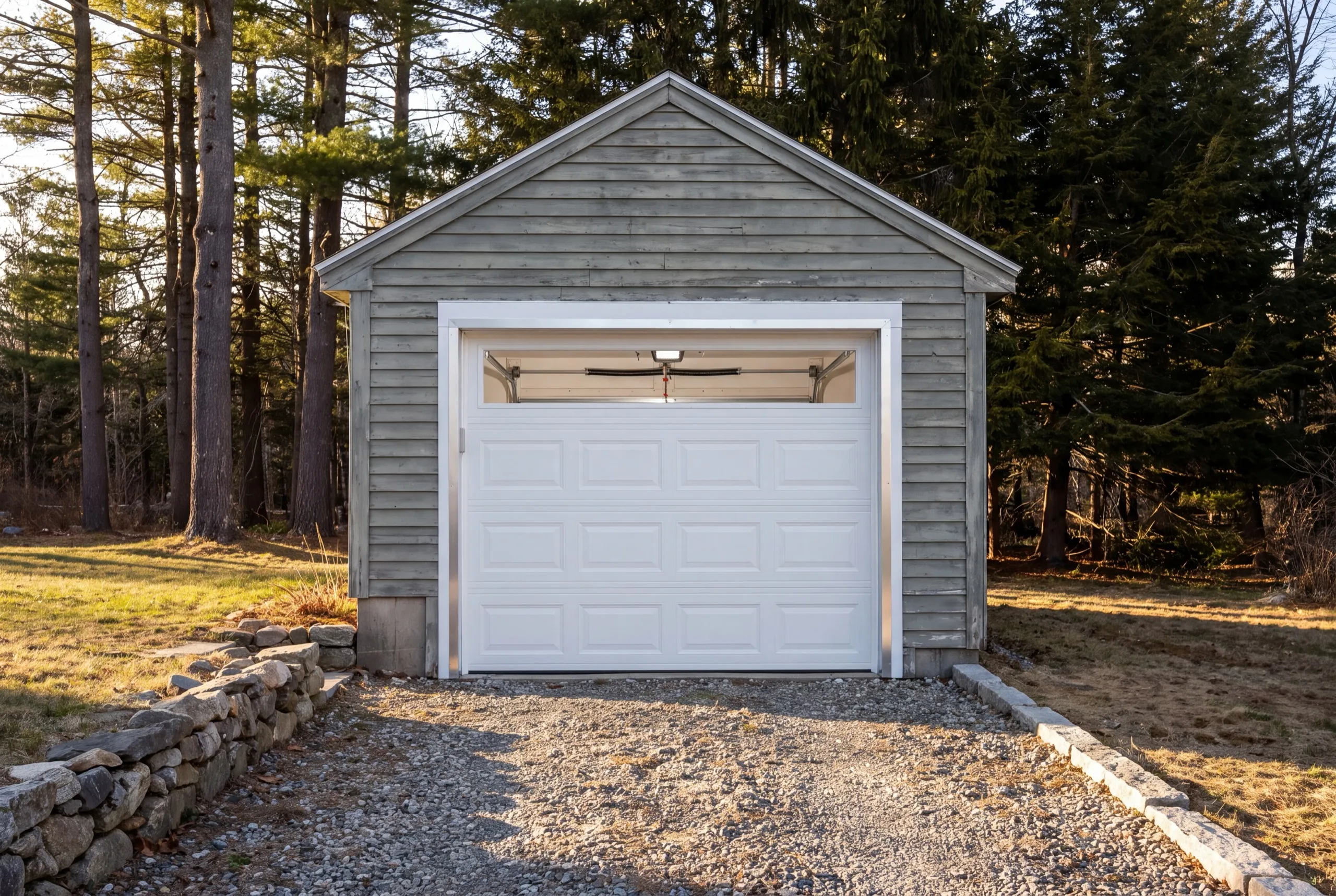 Garage remodeling contractor Augusta Maine: older single-bay garage with gray wood siding and a new white overhead door