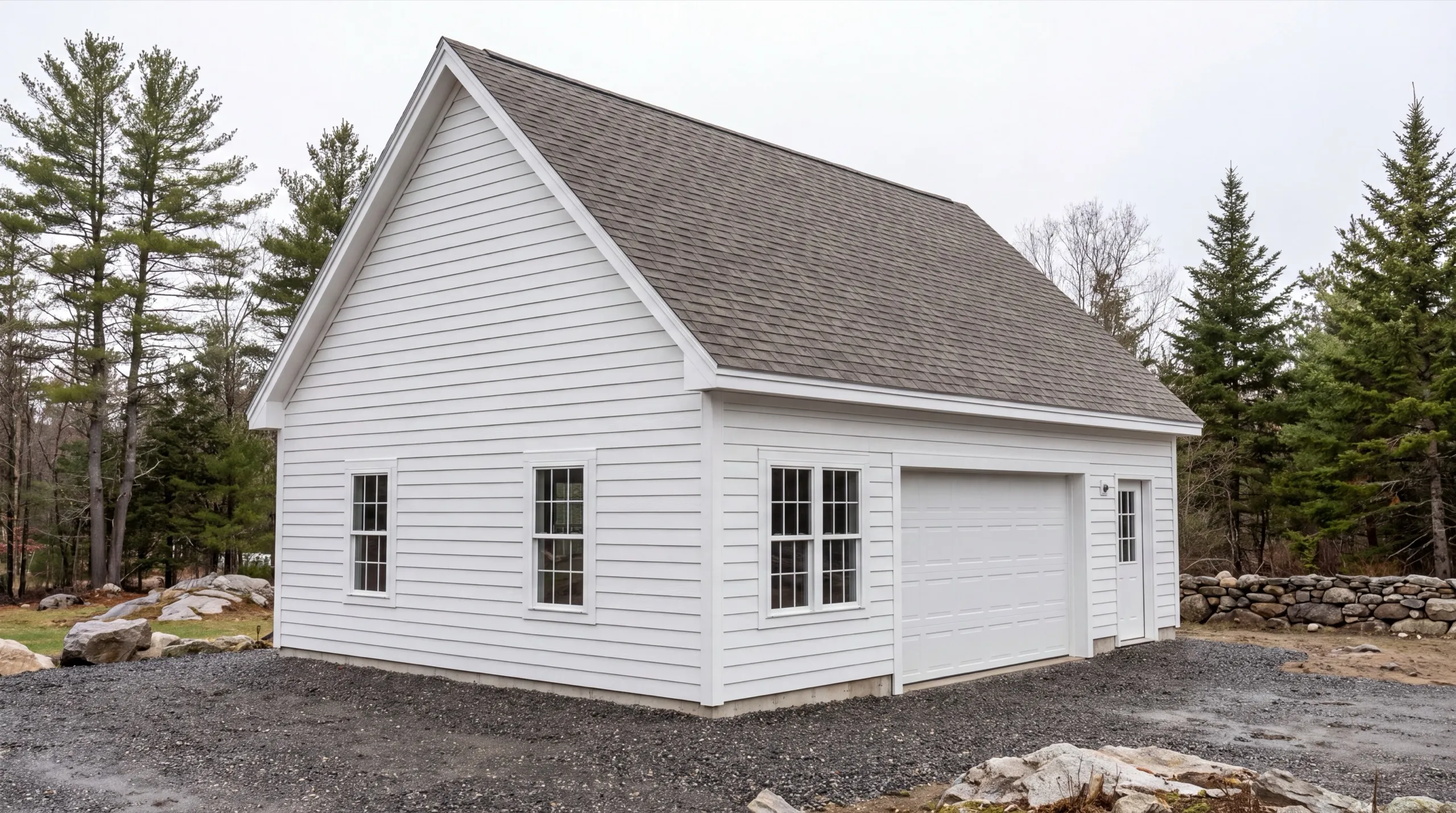 Garage remodeling Augusta Maine: finished white garage with lap siding, one overhead door and a gravel drive