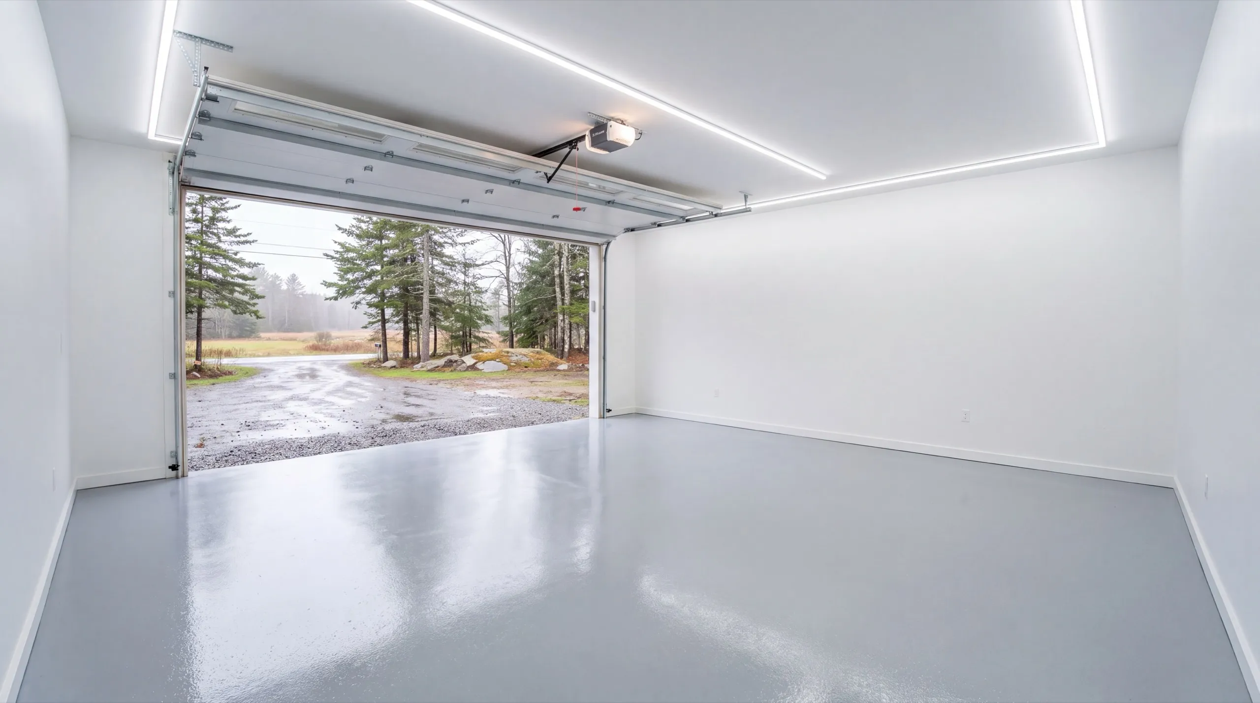 Garage remodeling in Chelsea, ME: finished garage interior with white walls, gray coated floor and the door open