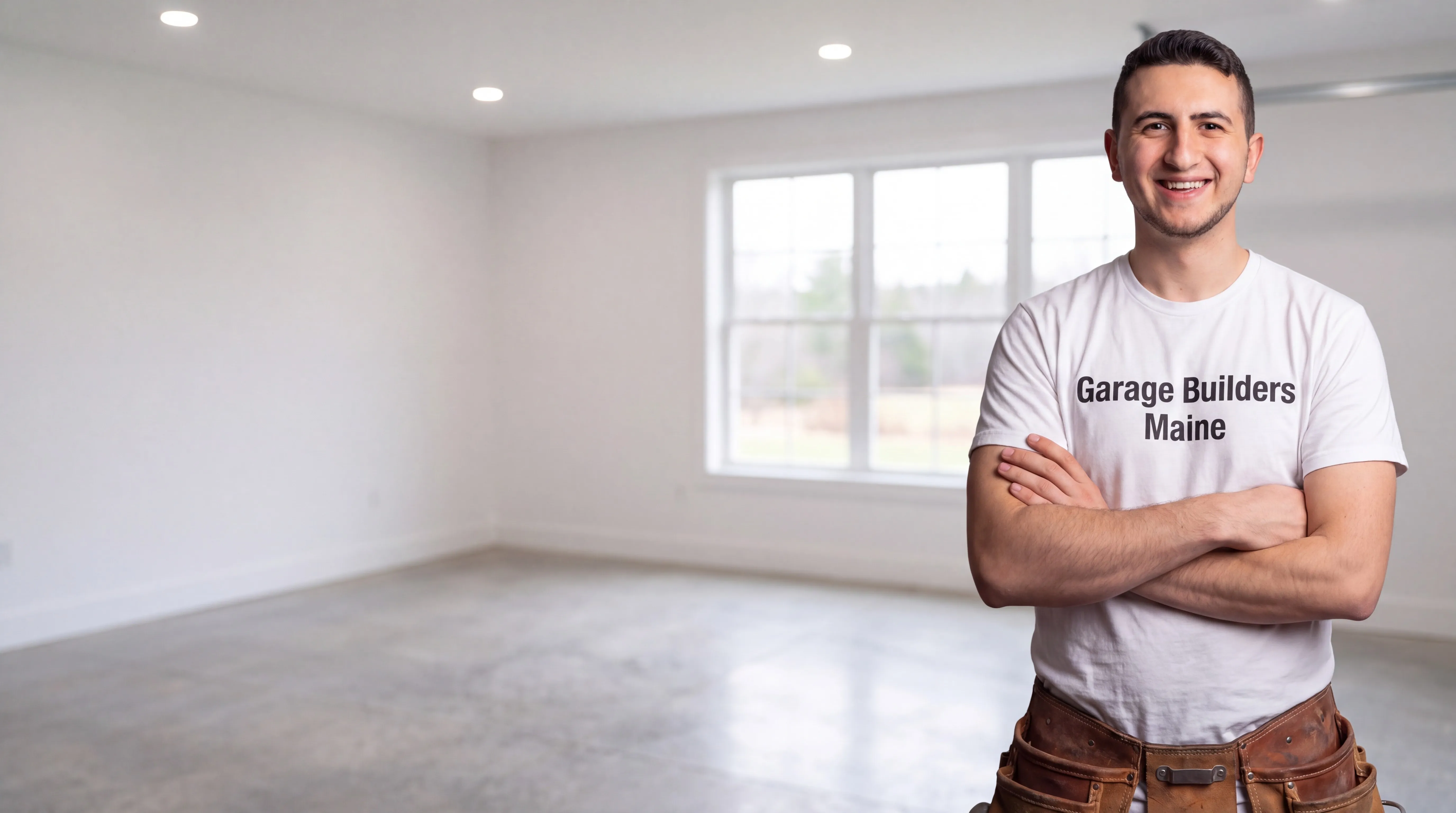 Owner of Garage Builders Maine standing with his arms crossed and smiling at a Maine job site