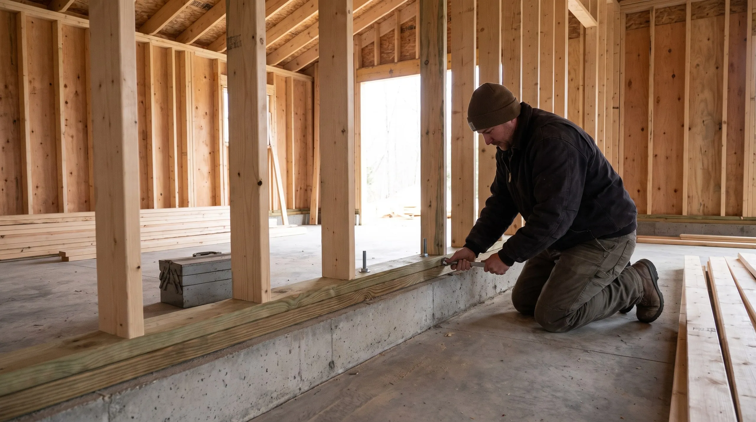 Garage remodeling contractor Chelsea Maine: worker tightens anchor bolts on a new pressure-treated sill with fresh studs on a concrete curb