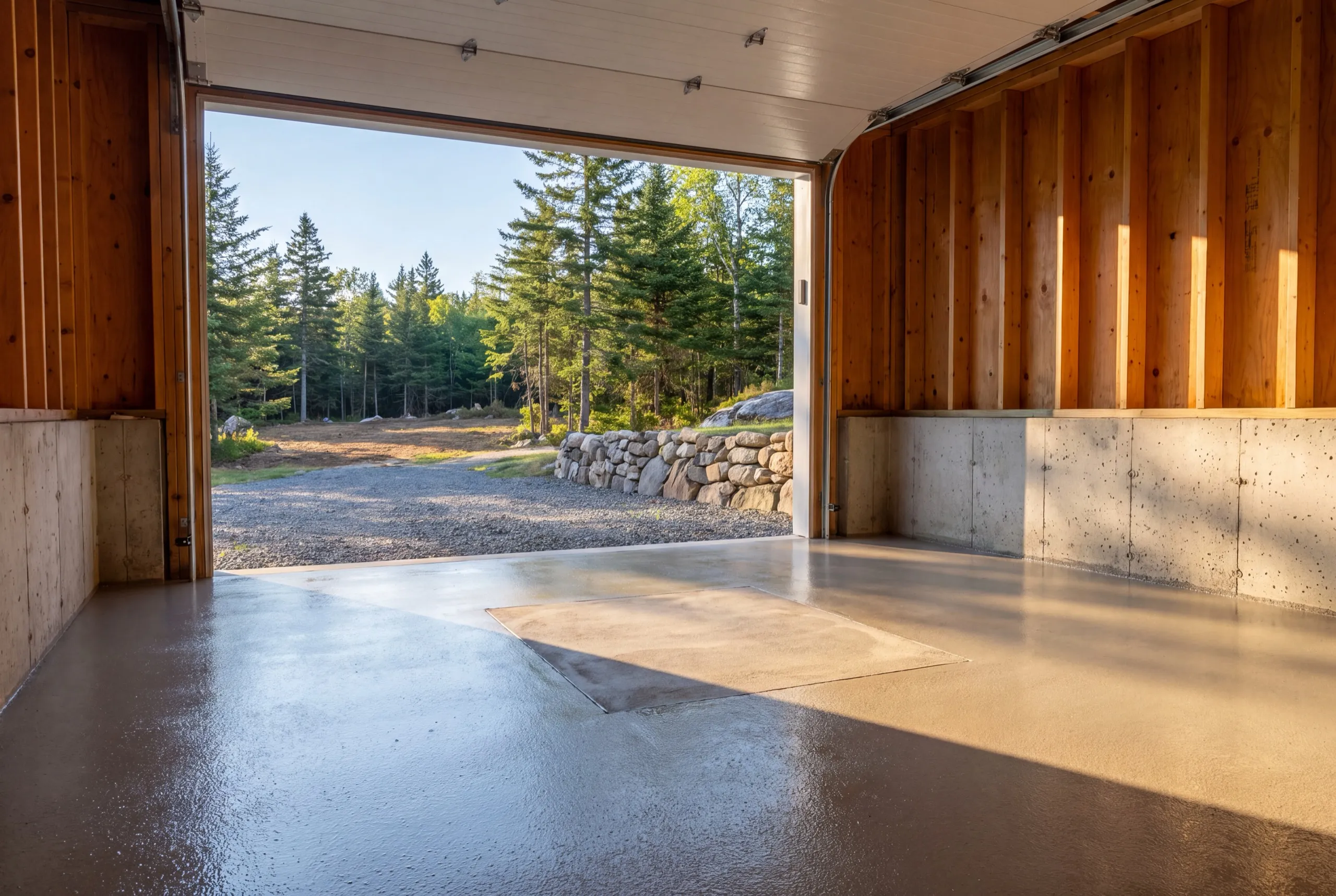 Garage remodeling Dresden Maine: freshly coated garage floor with open stud walls and the overhead door open