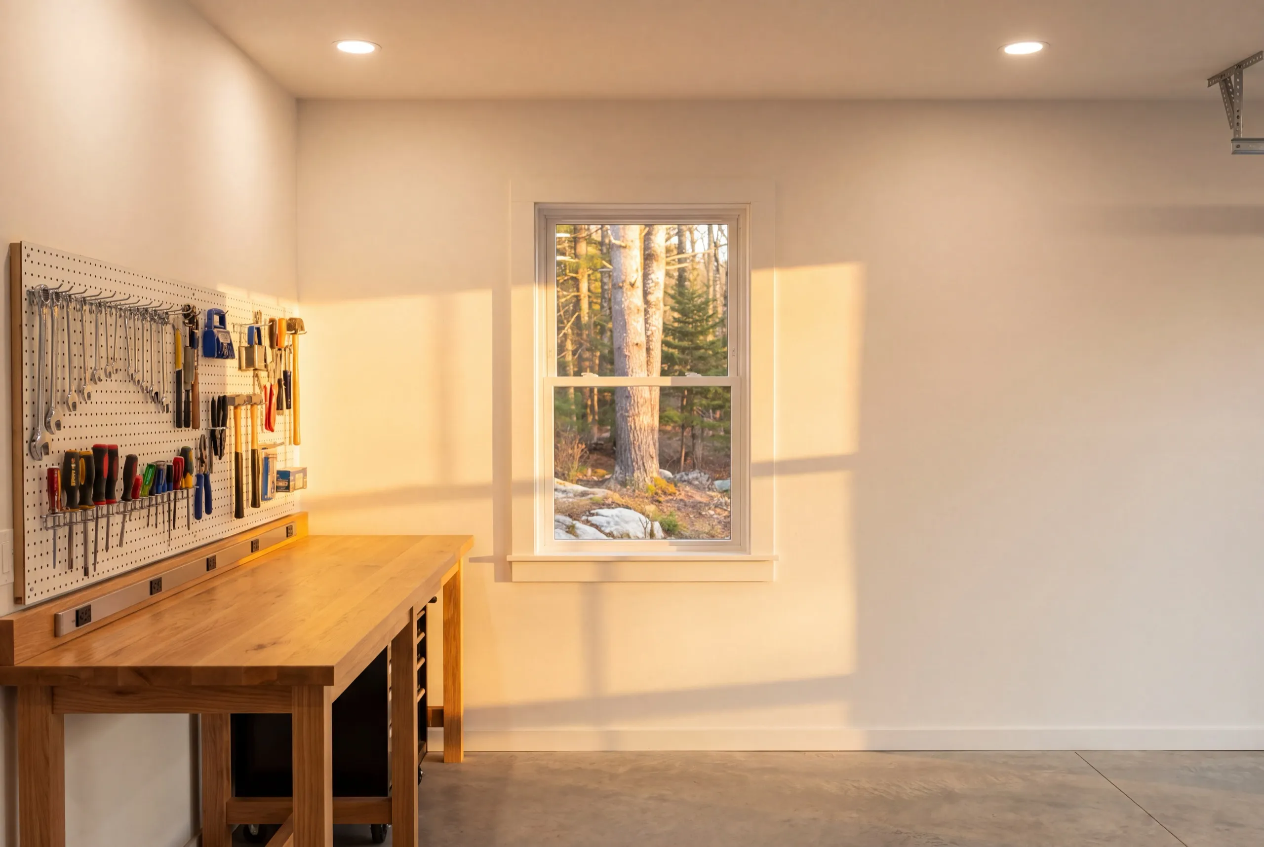 Garage remodeling contractor Dresden Maine: finished white garage workshop with a wood workbench and pegboard of tools