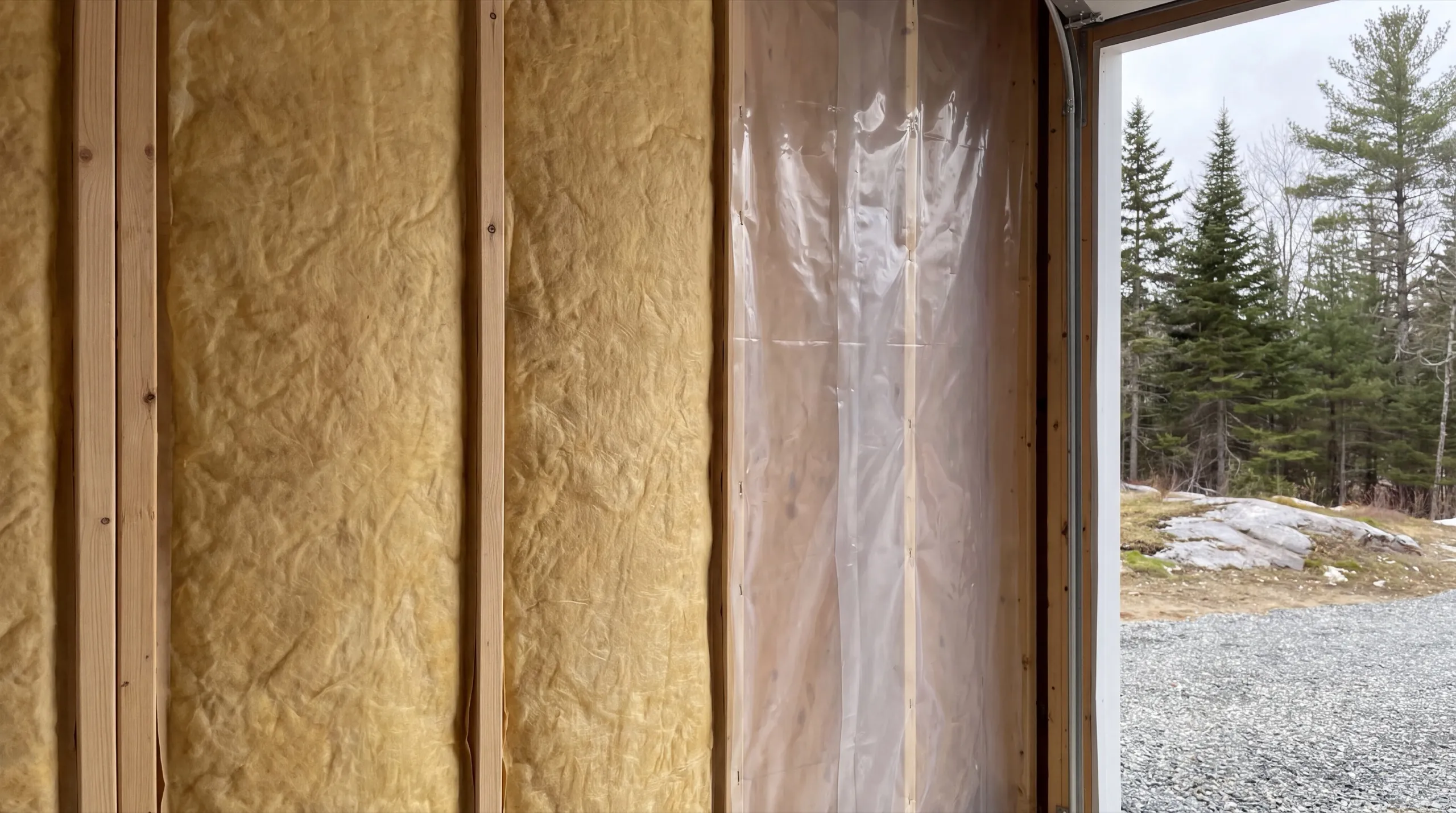 Garage remodeling contractor Dresden Maine: batt insulation and a plastic vapor barrier going into garage stud walls