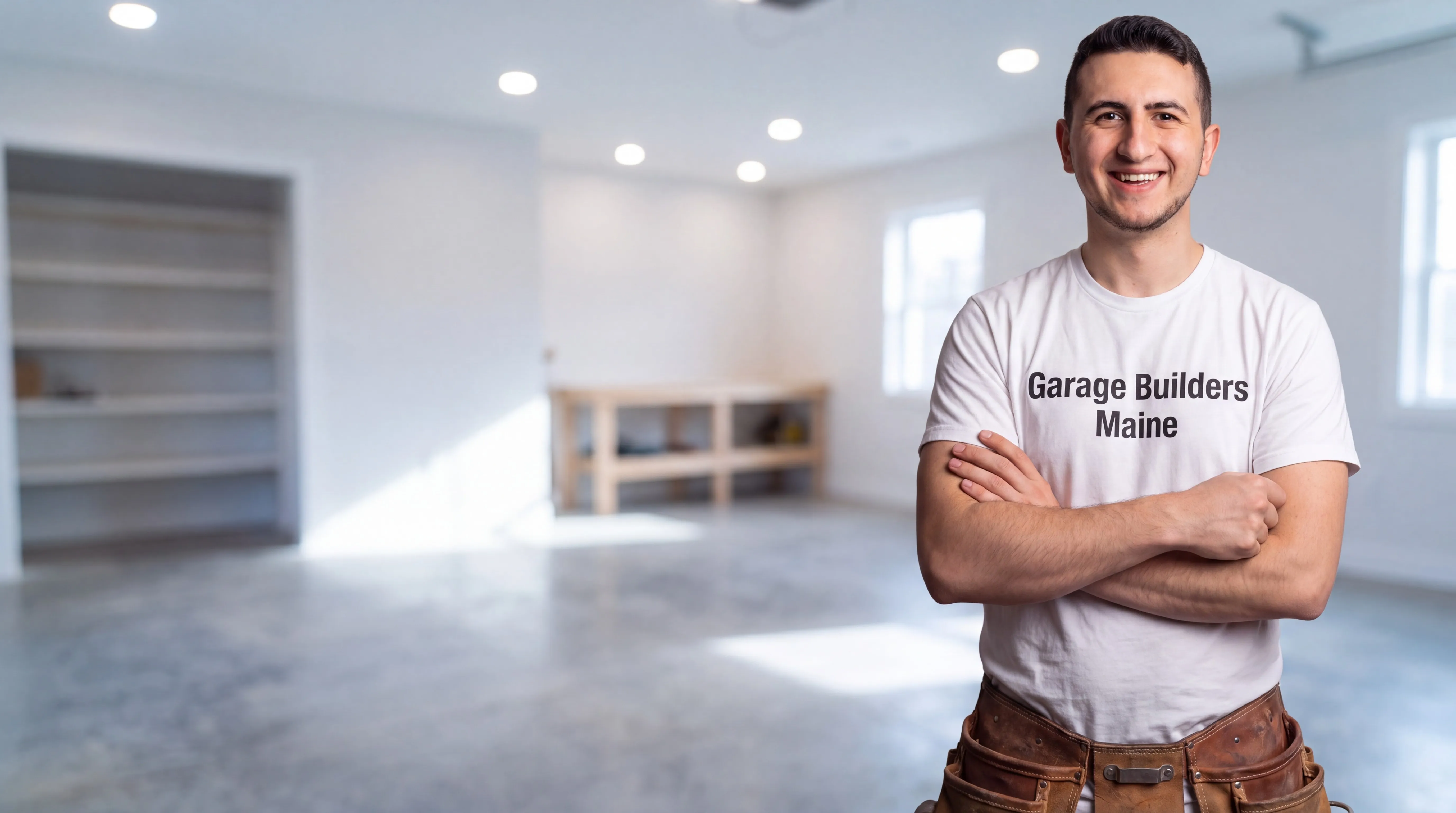 Owner of Garage Builders Maine standing with his arms crossed and smiling at a Maine job site