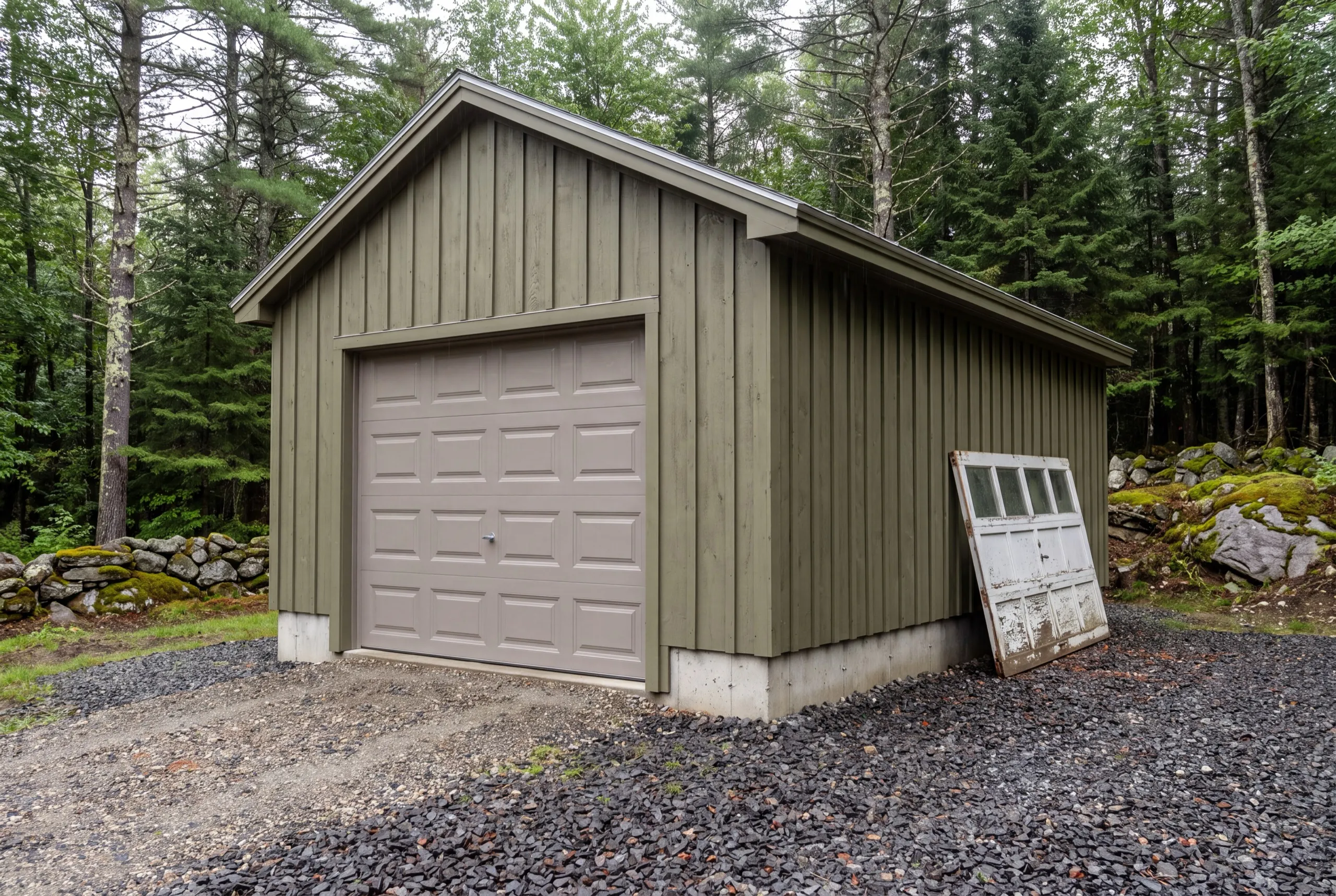 Garage renovation contractor Dresden Maine: green board and batten garage with new overhead door, old door leaning beside