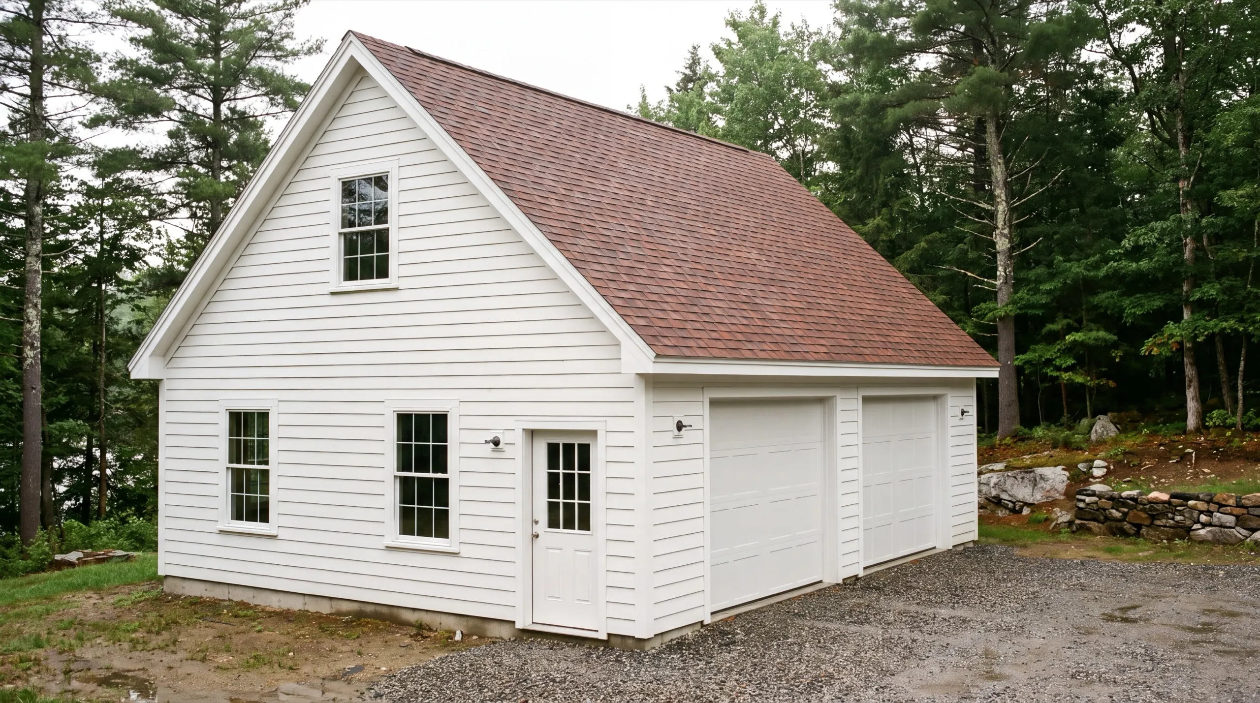 Garage renovation contractor Dresden Maine: finished white two-bay garage with a gable window and side entry door