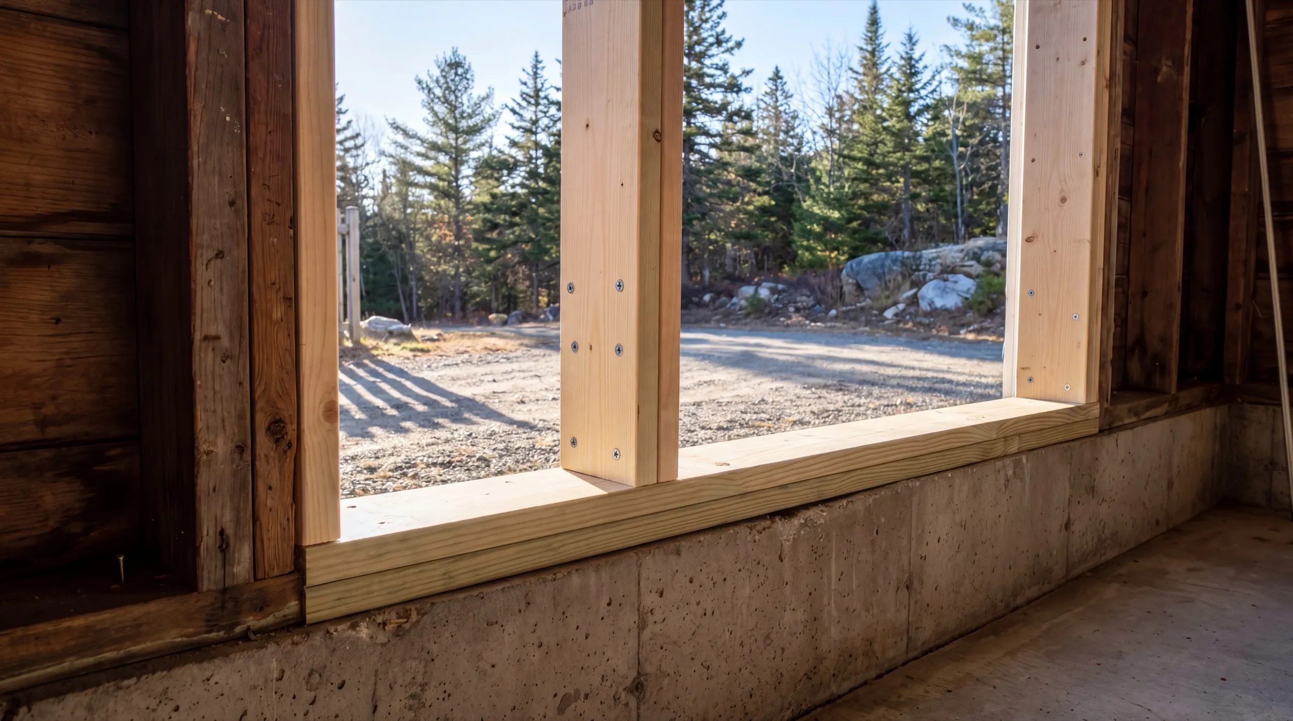 Garage remodeling Dresden Maine: new pressure-treated sill and studs set on a concrete garage foundation wall