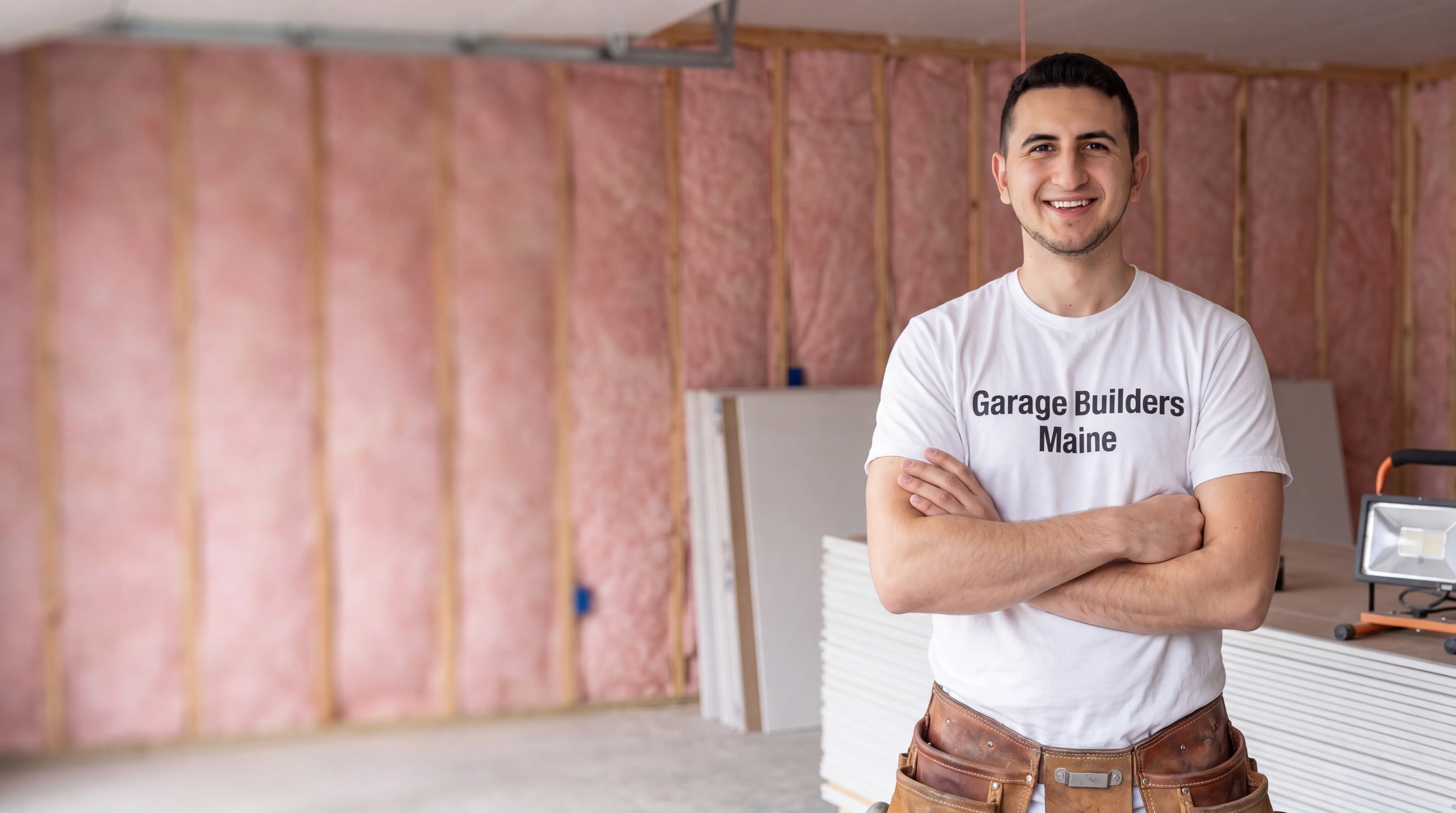 Owner of Garage Builders Maine standing with his arms crossed and smiling at a Maine job site