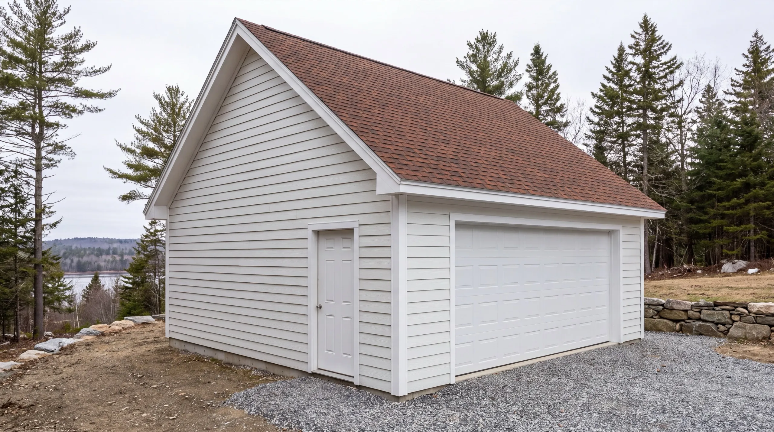 Garage remodeling Farmingdale Maine: finished white garage with one wide door and a side door above a lake