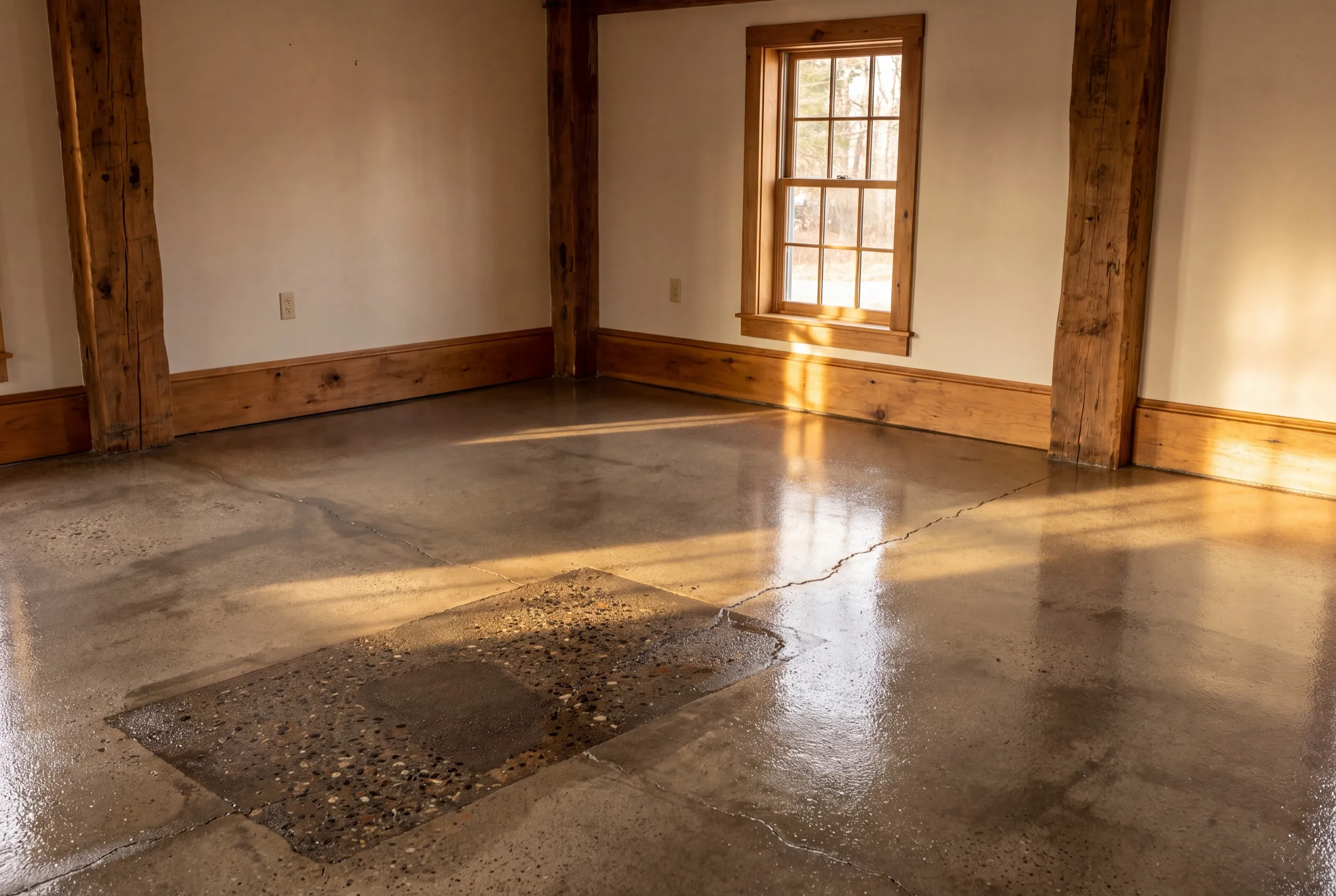 Clear coat over an old concrete floor in a room with timber posts in Gardiner, Maine