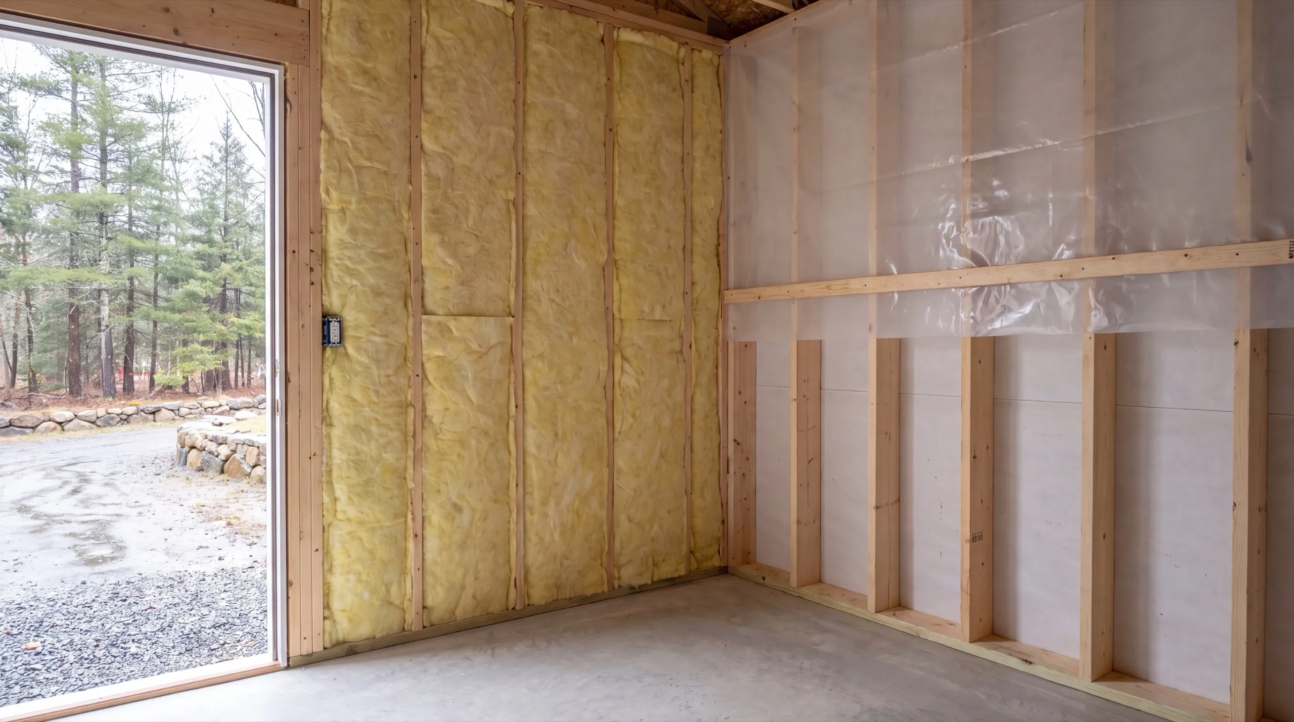 Garage renovation contractor Gardiner Maine: batt insulation and plastic vapor barrier going onto garage stud walls