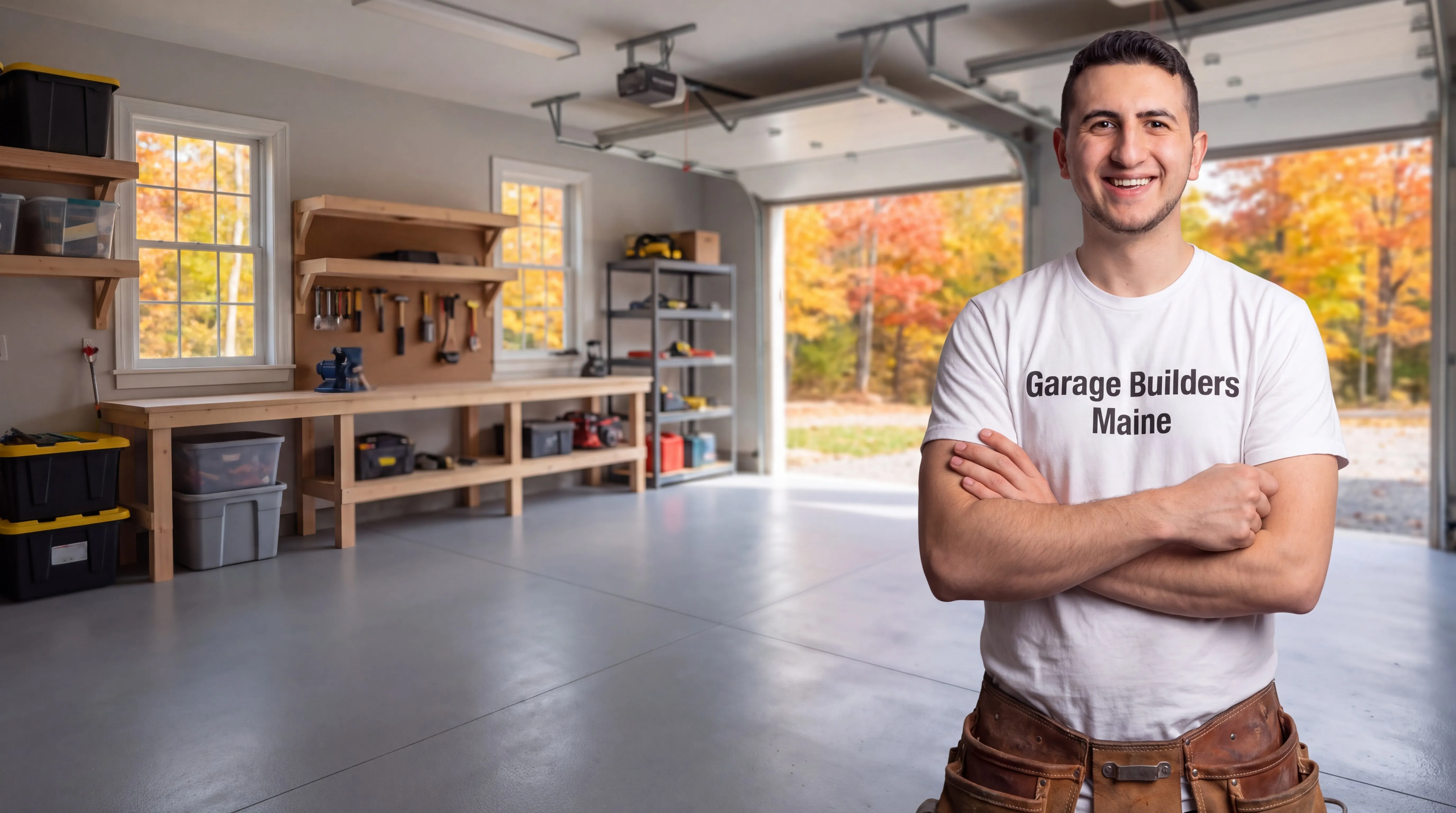 Owner of Garage Builders Maine standing with his arms crossed and smiling at a Maine job site