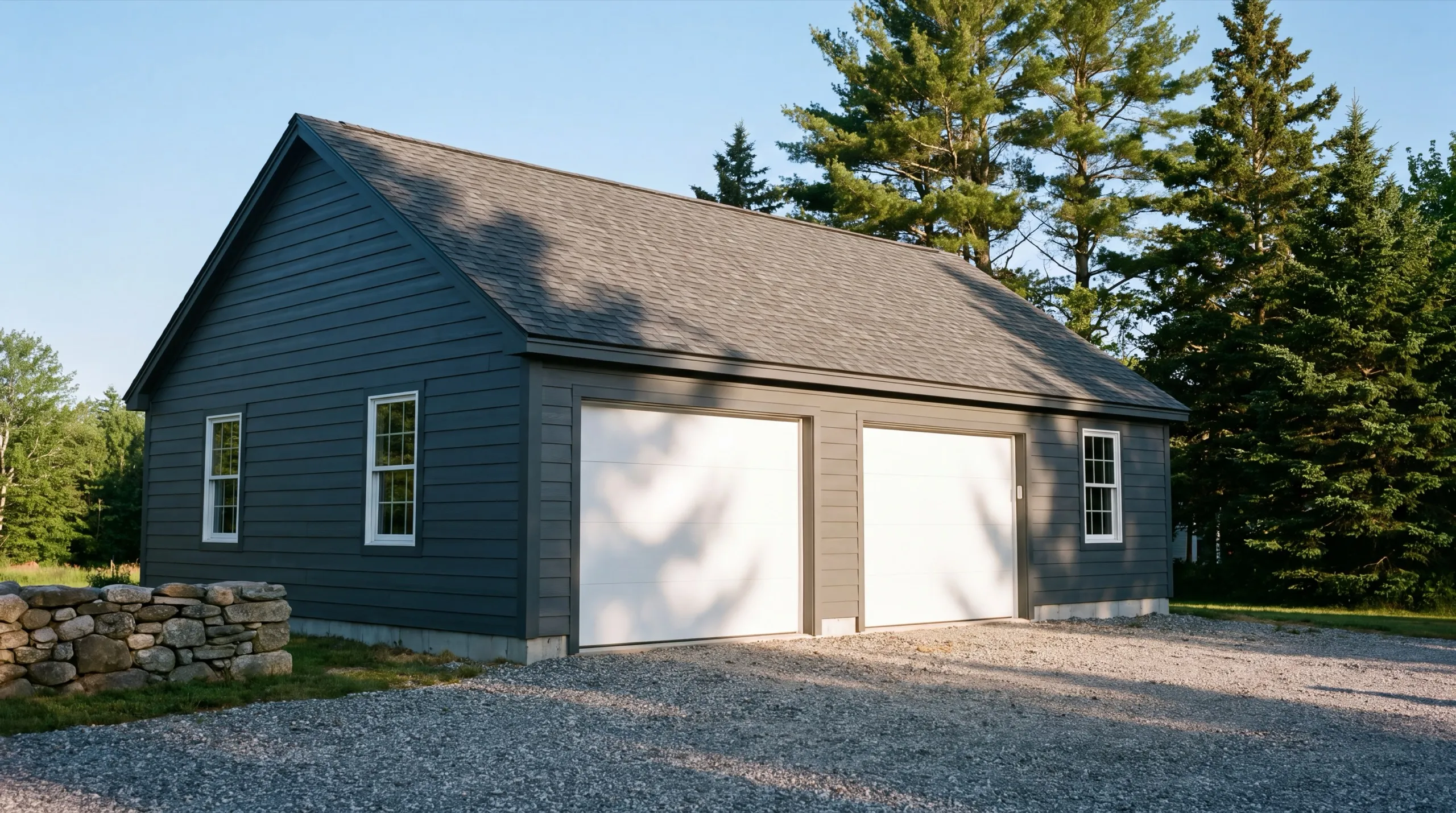 Garage remodeling Gardiner Maine: finished dark gray two-bay garage with white doors on a gravel drive