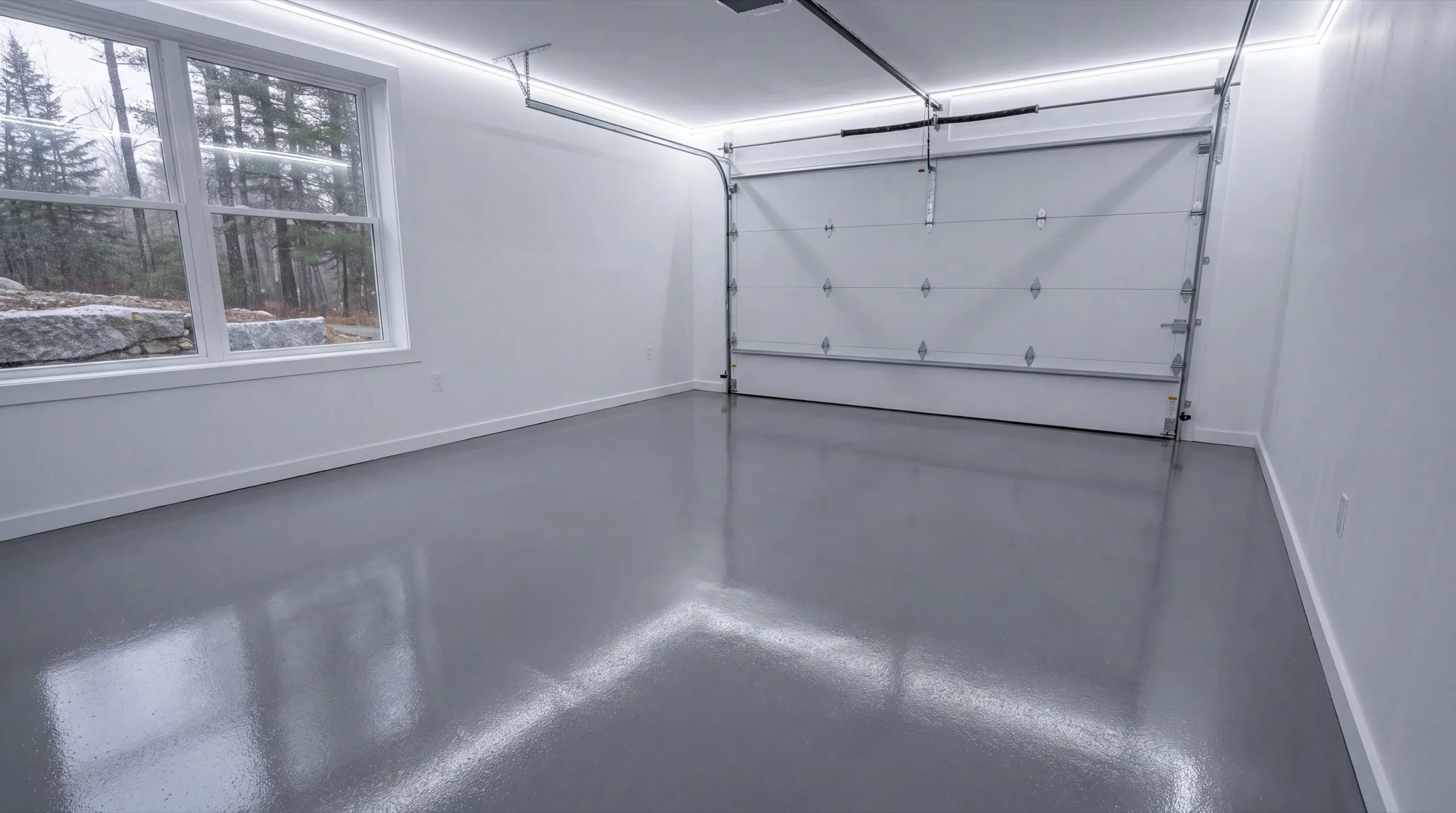 Garage remodeling in Hallowell, ME: finished garage interior with white walls, coated gray floor and a closed door