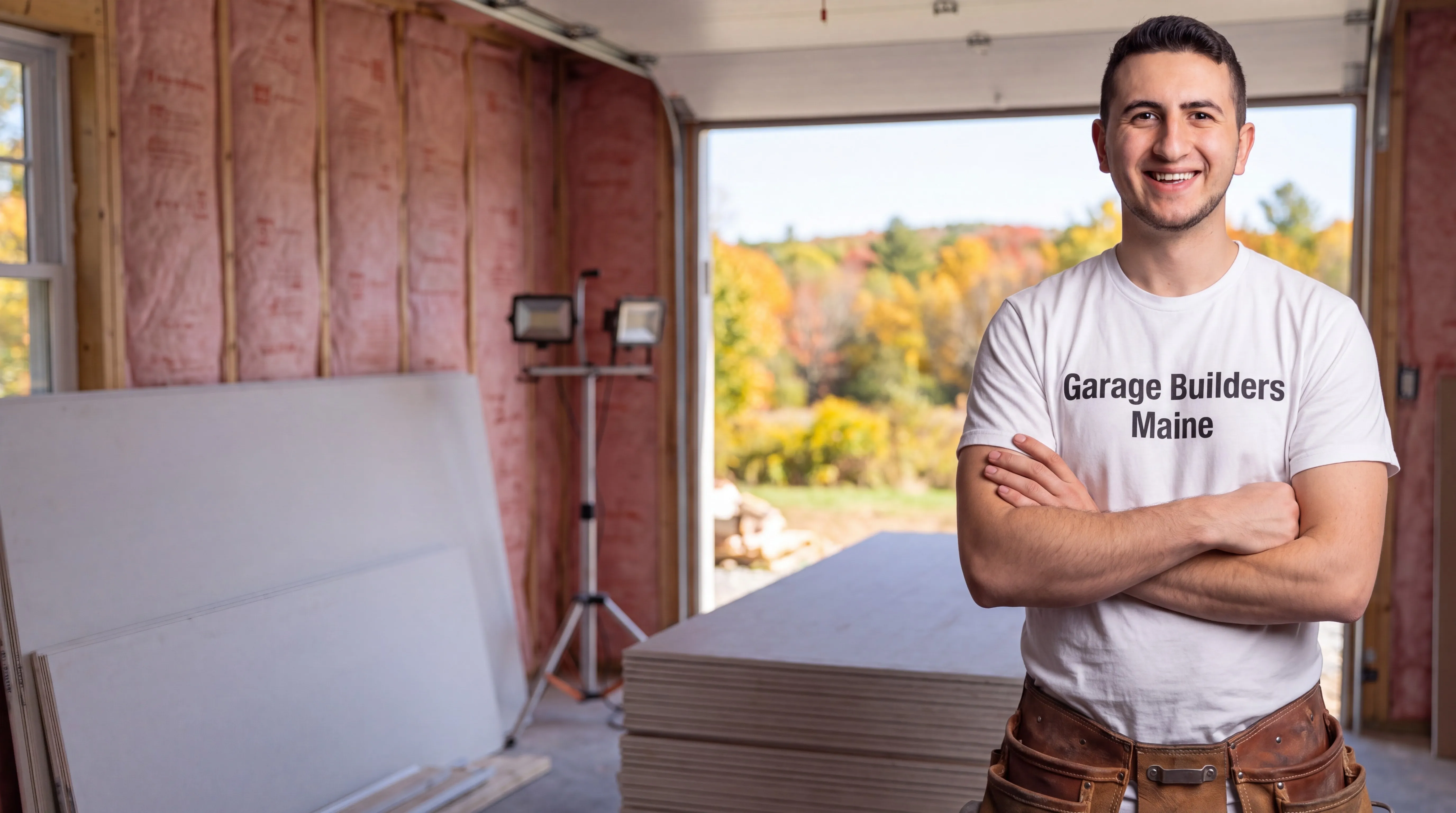Owner of Garage Builders Maine standing with his arms crossed and smiling at a Maine job site
