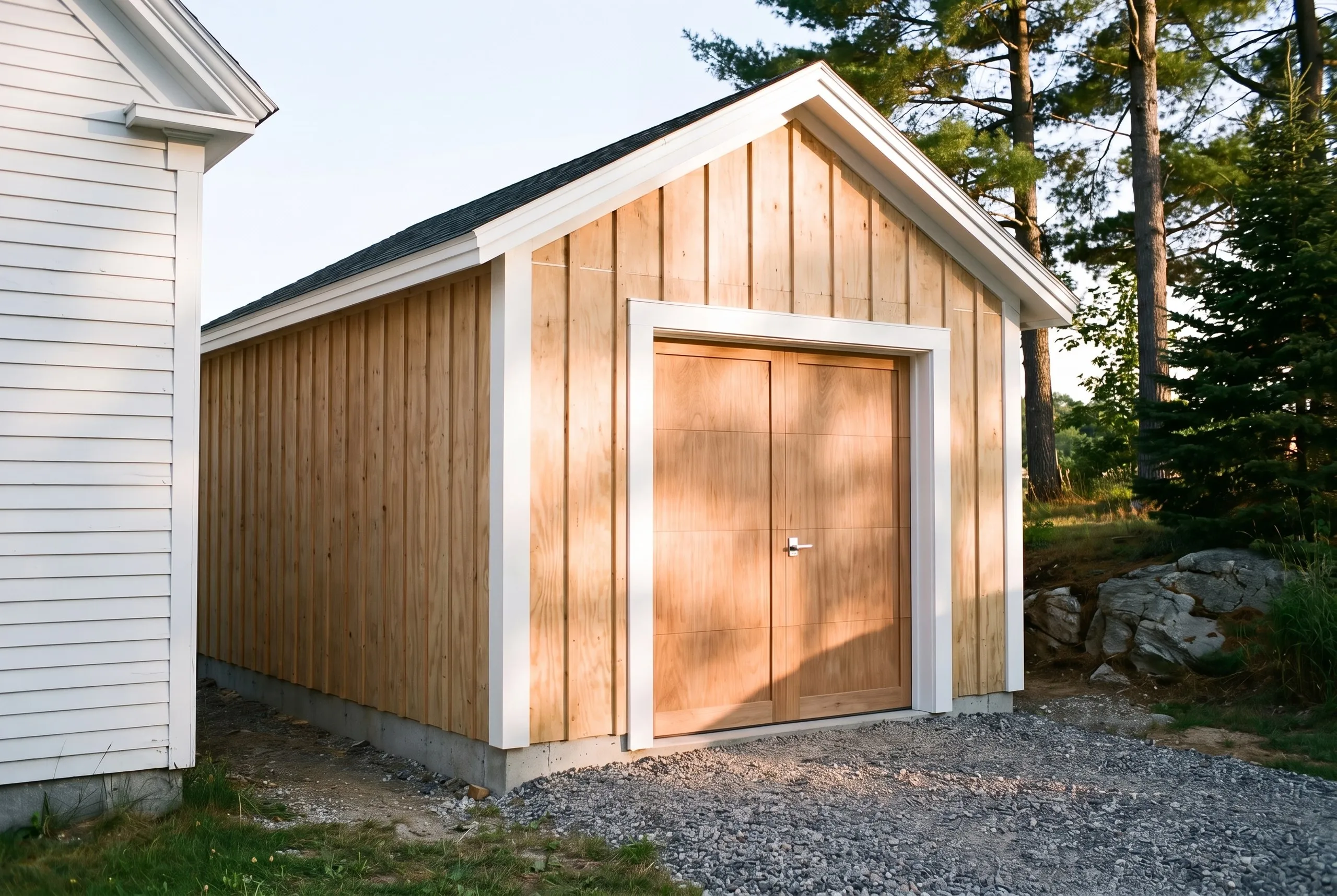 Garage renovation contractor Hallowell Maine: garage with vertical wood board siding, white trim and wood doors beside a white house