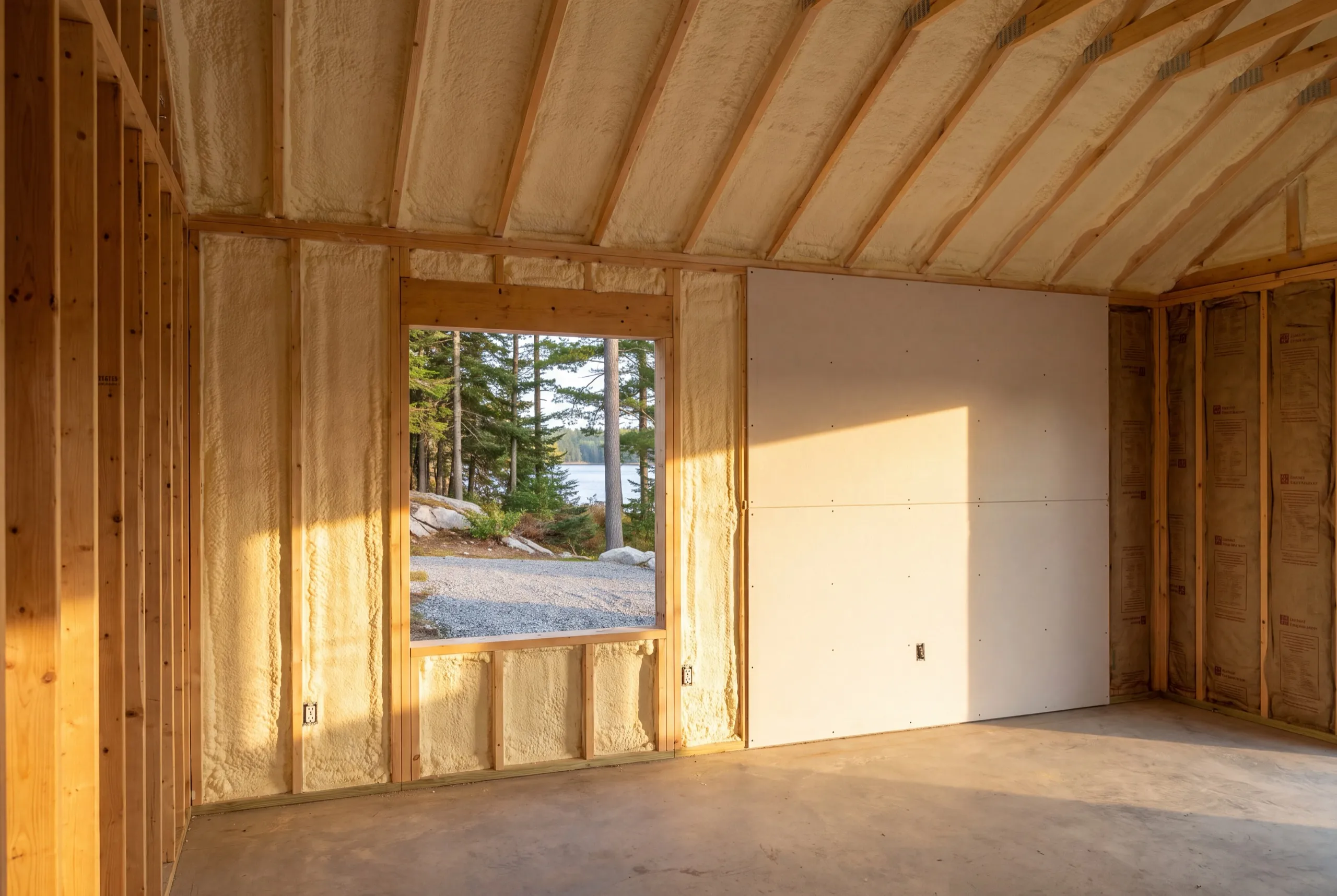 Garage remodeling Jefferson Maine: spray foam insulation on walls and rafters with drywall started on one wall