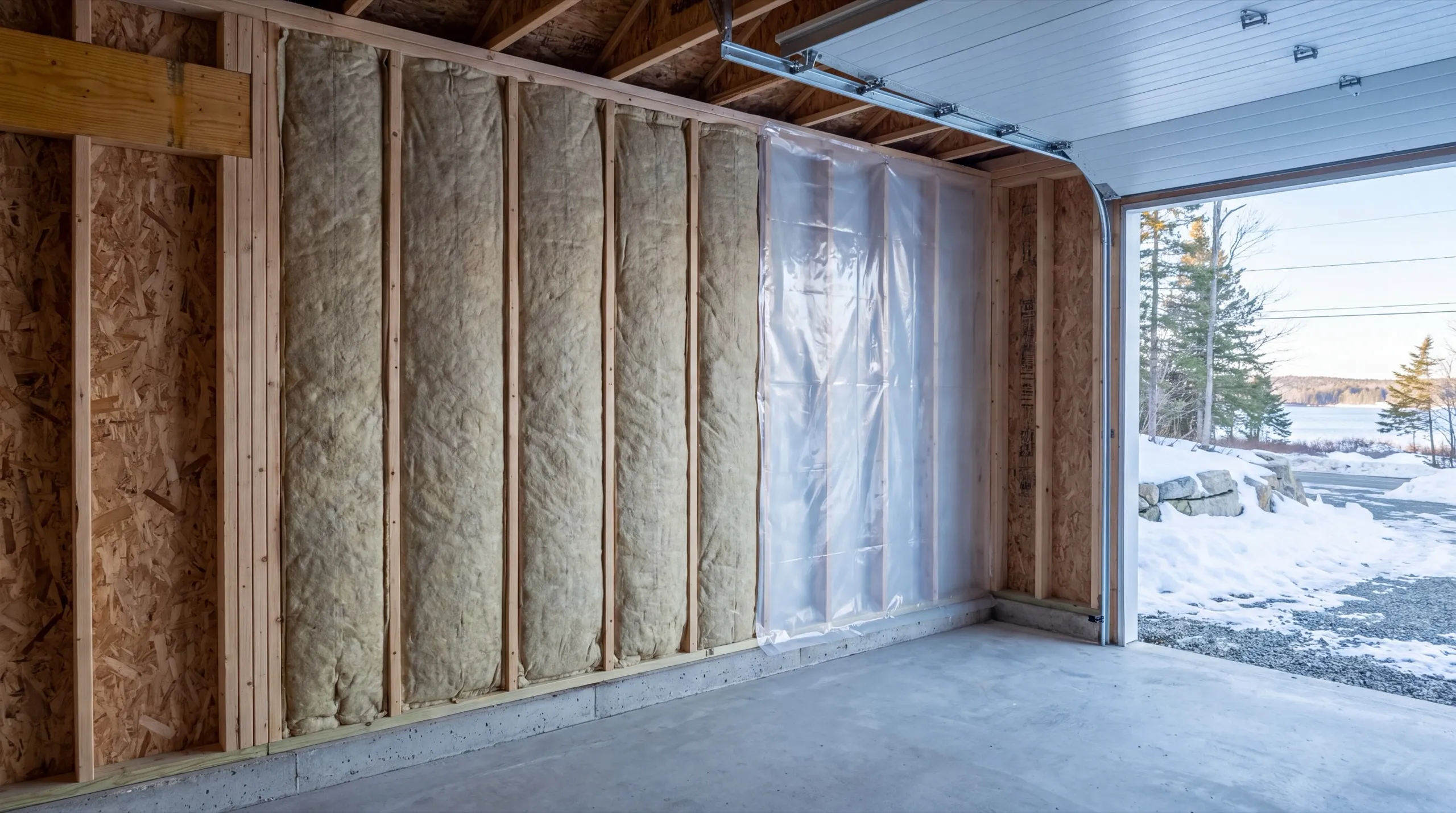 Garage renovation contractor Jefferson Maine: batt insulation and plastic sheeting in sheathed garage stud walls, door open