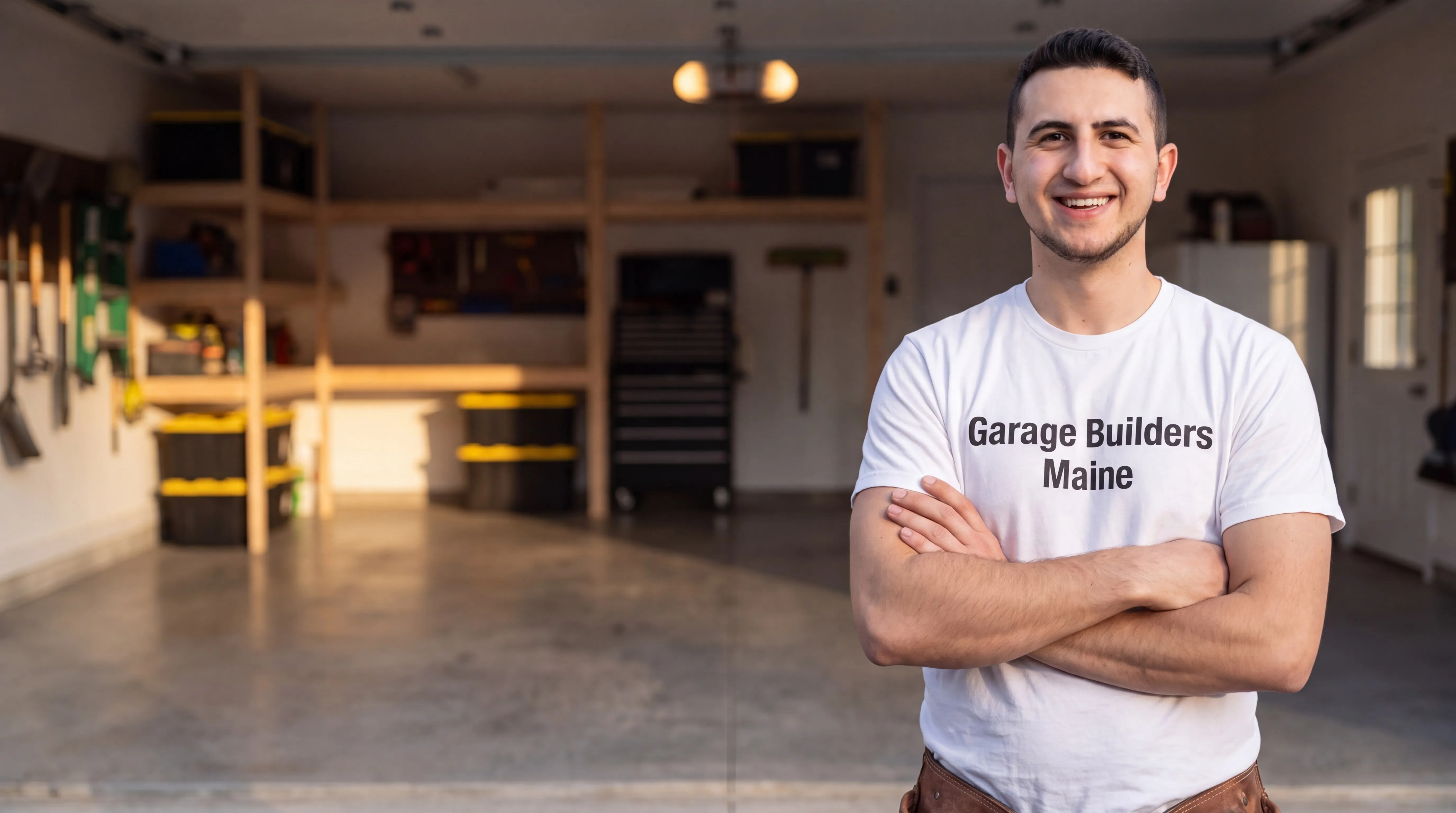 Owner of Garage Builders Maine standing with his arms crossed and smiling at a Maine job site