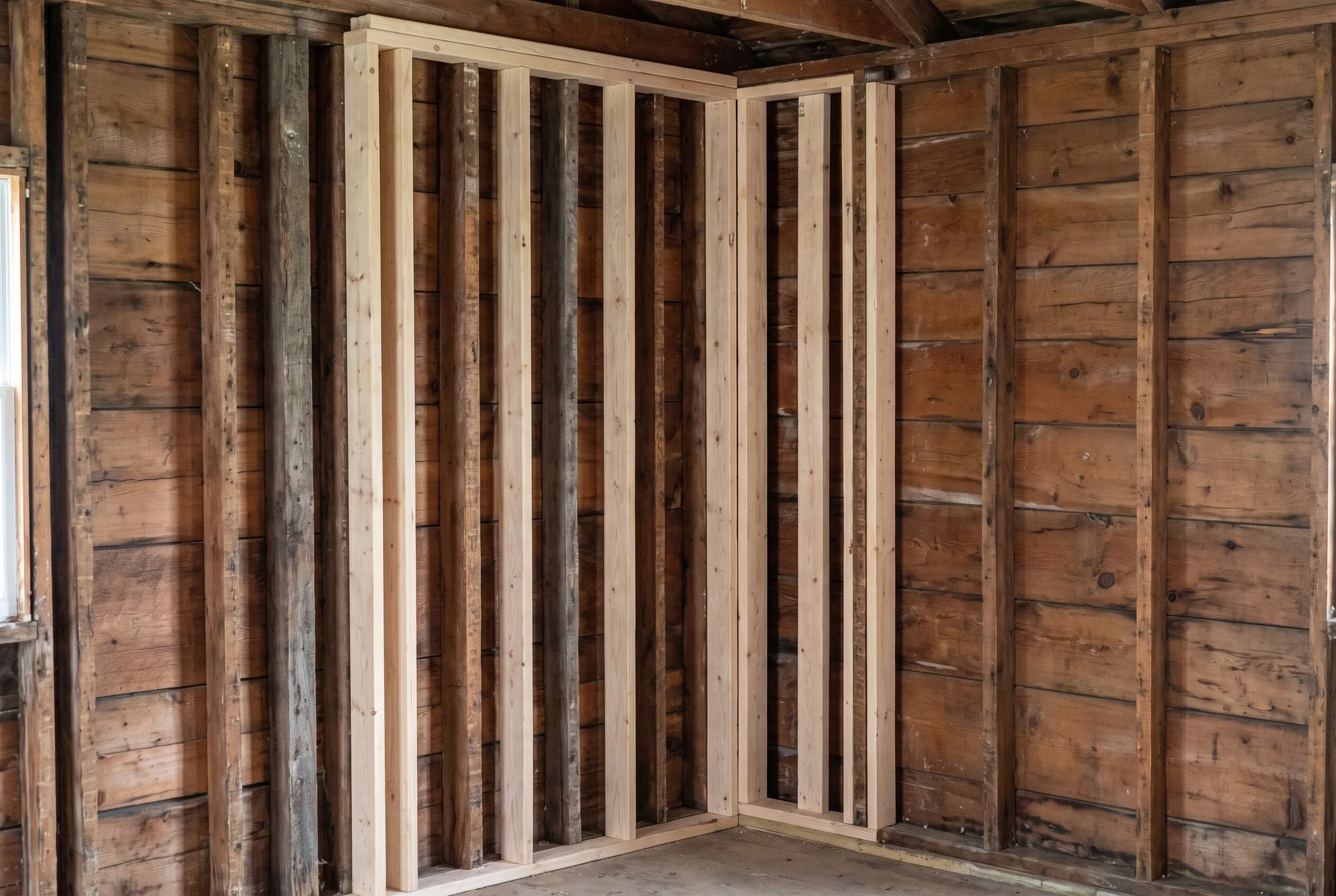 Garage remodeling contractor Jefferson Maine: new stud walls framed inside the old board walls at a garage corner