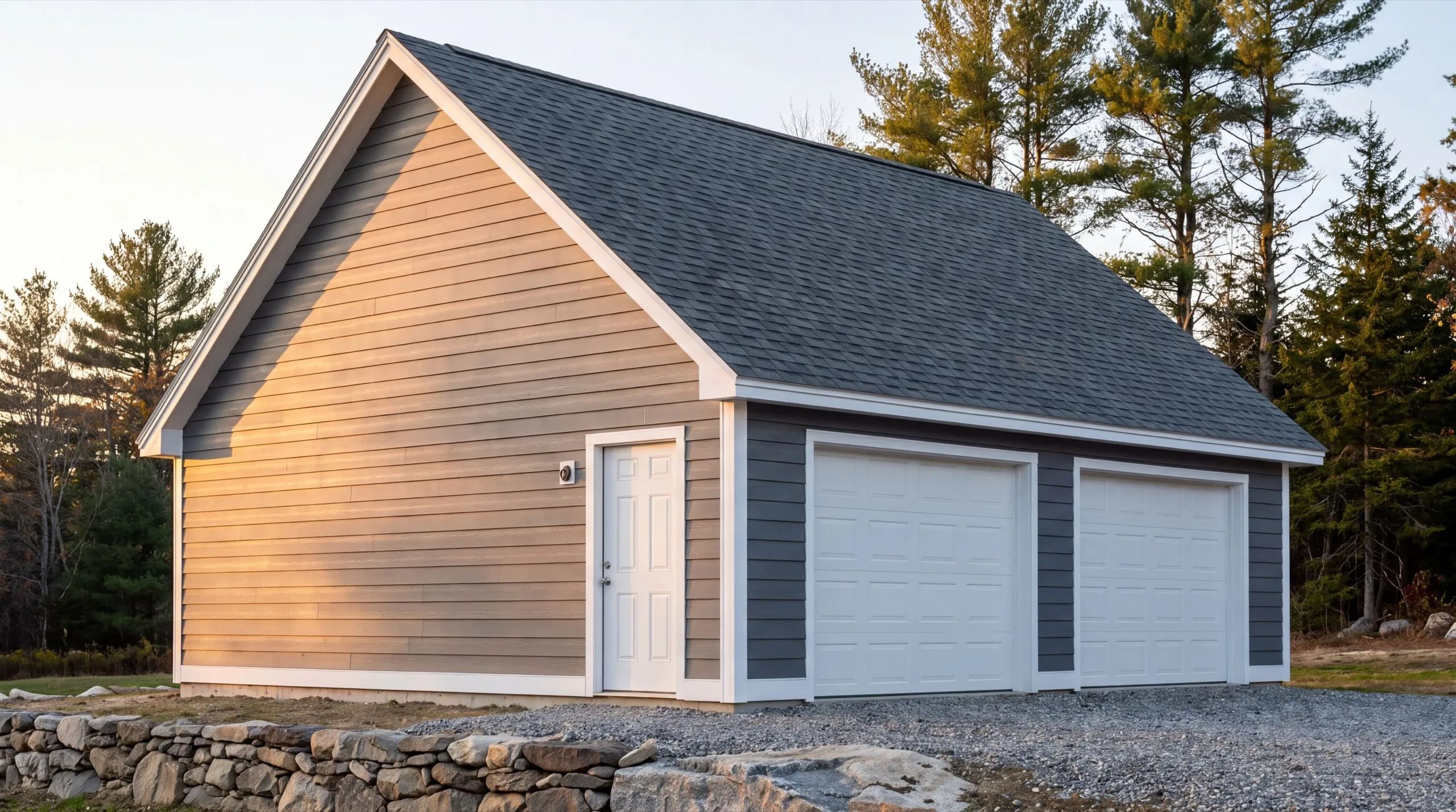 Garage remodeling Litchfield Maine: finished gray two-bay garage with white doors and a side entry door