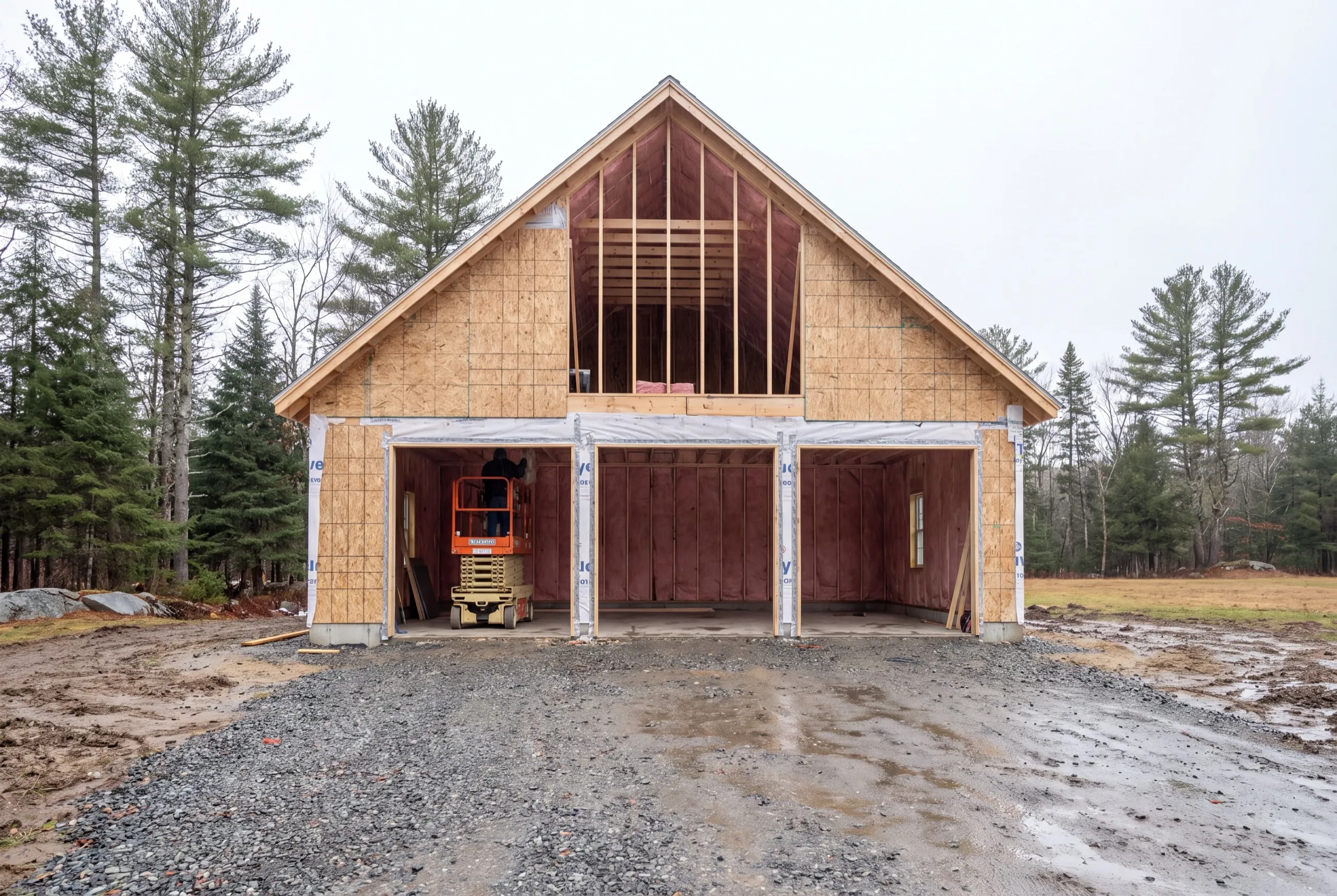 Garage renovation contractor Litchfield Maine: sheathed three-bay garage with insulated walls and a worker on a scissor lift