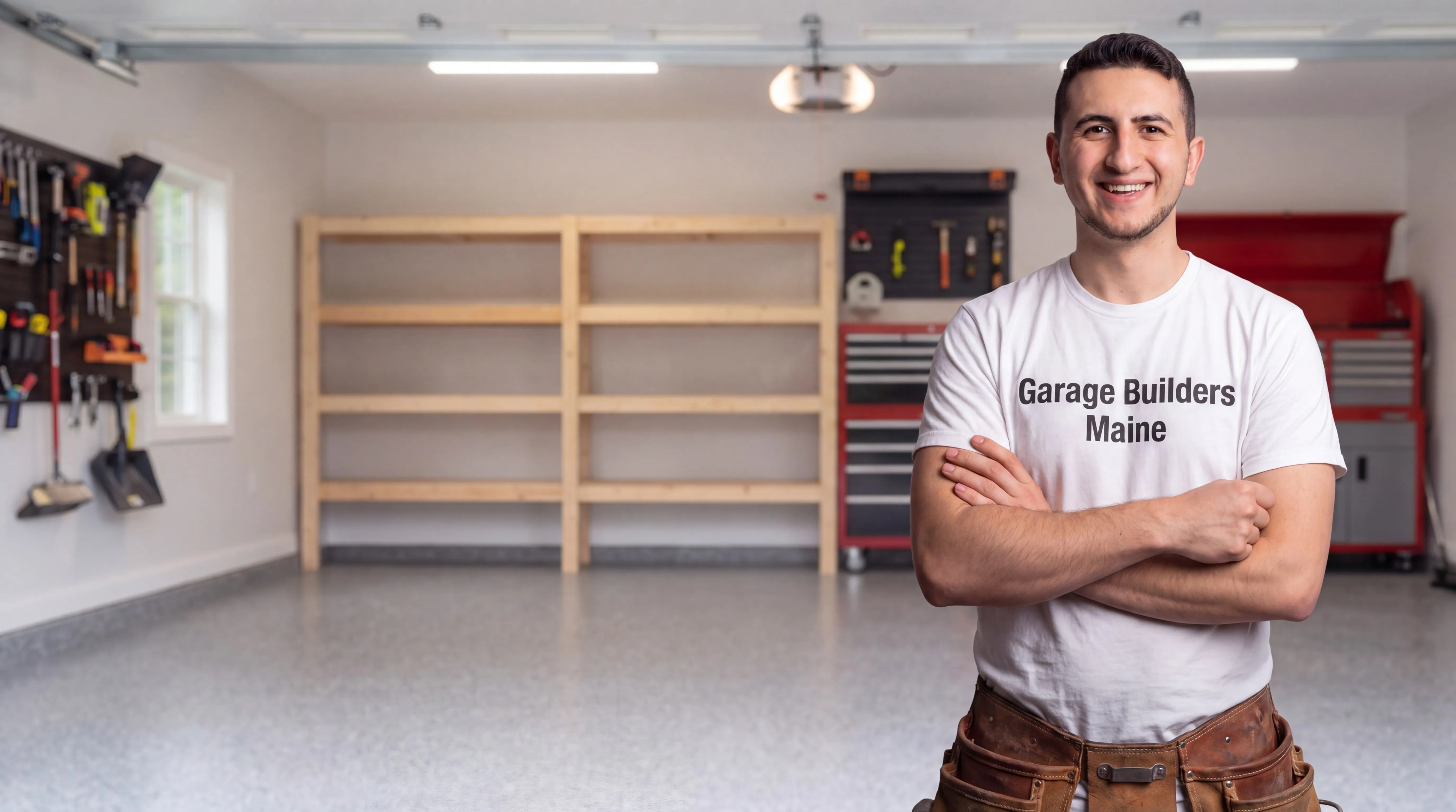 Owner of Garage Builders Maine standing with his arms crossed and smiling at a Maine job site