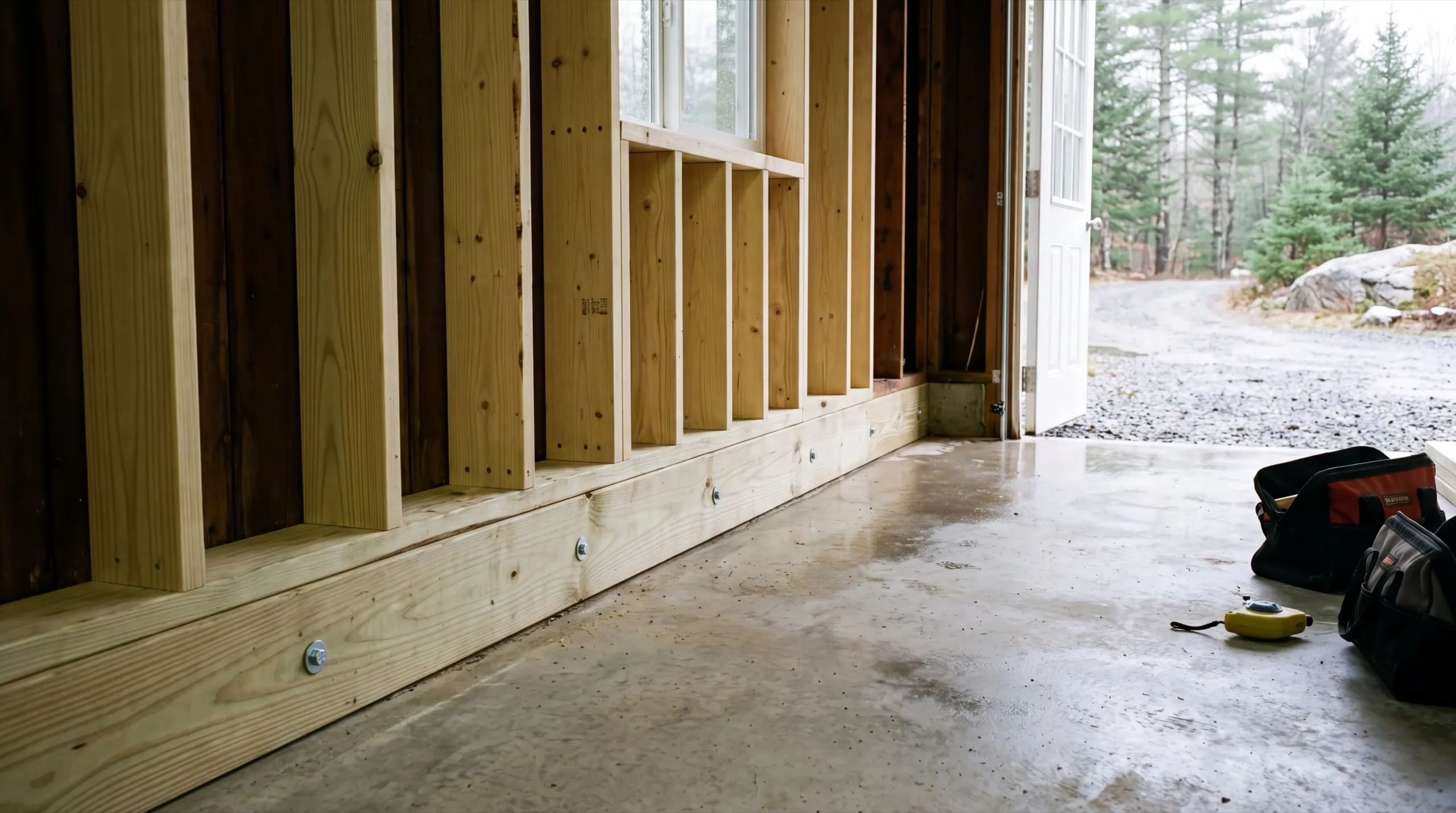 Garage remodeling Litchfield Maine: new pressure-treated sill bolted down under new studs in an old garage wall