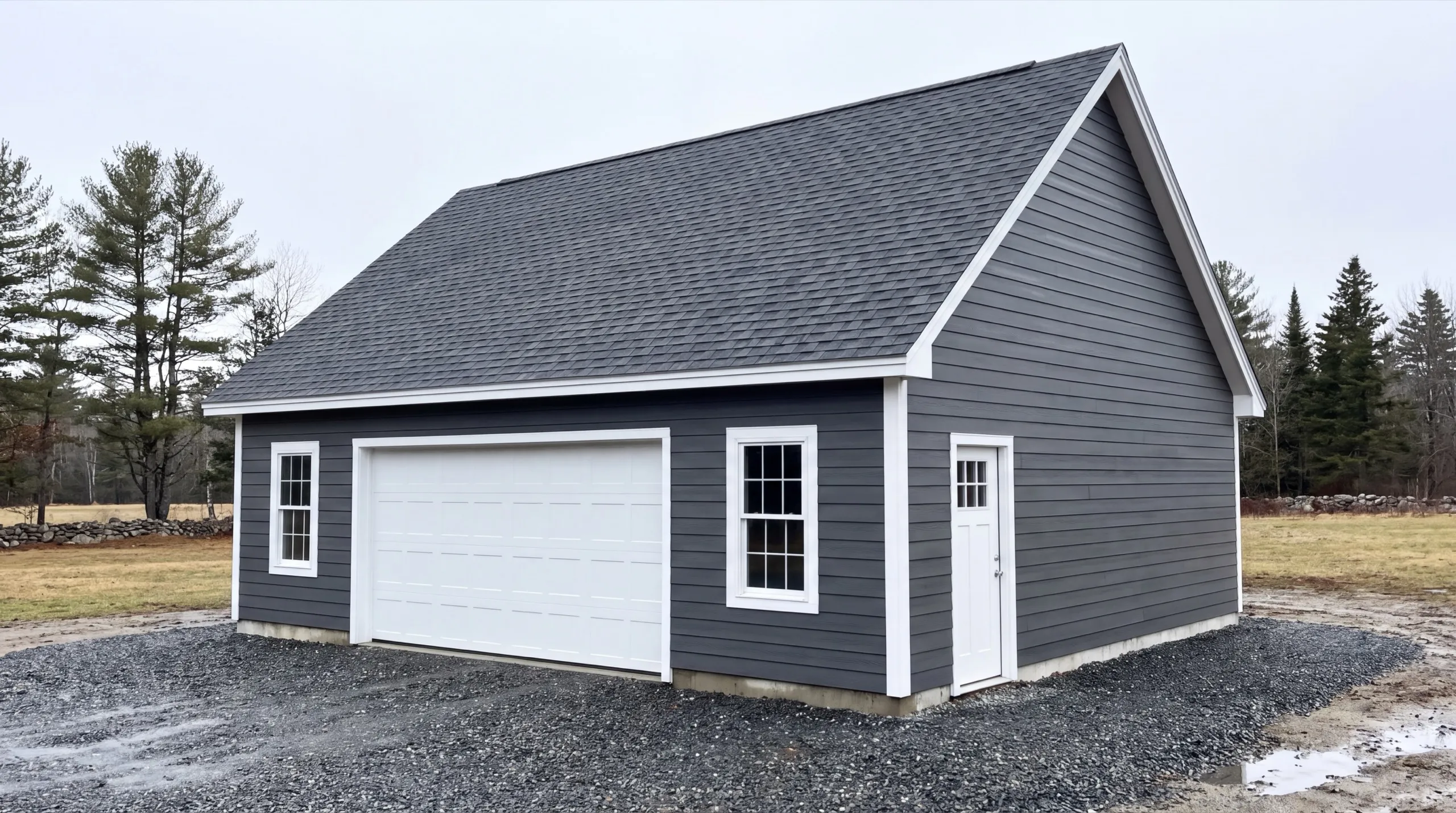 Garage remodeling contractor Litchfield Maine: finished dark gray garage with one wide white door and a side entry door