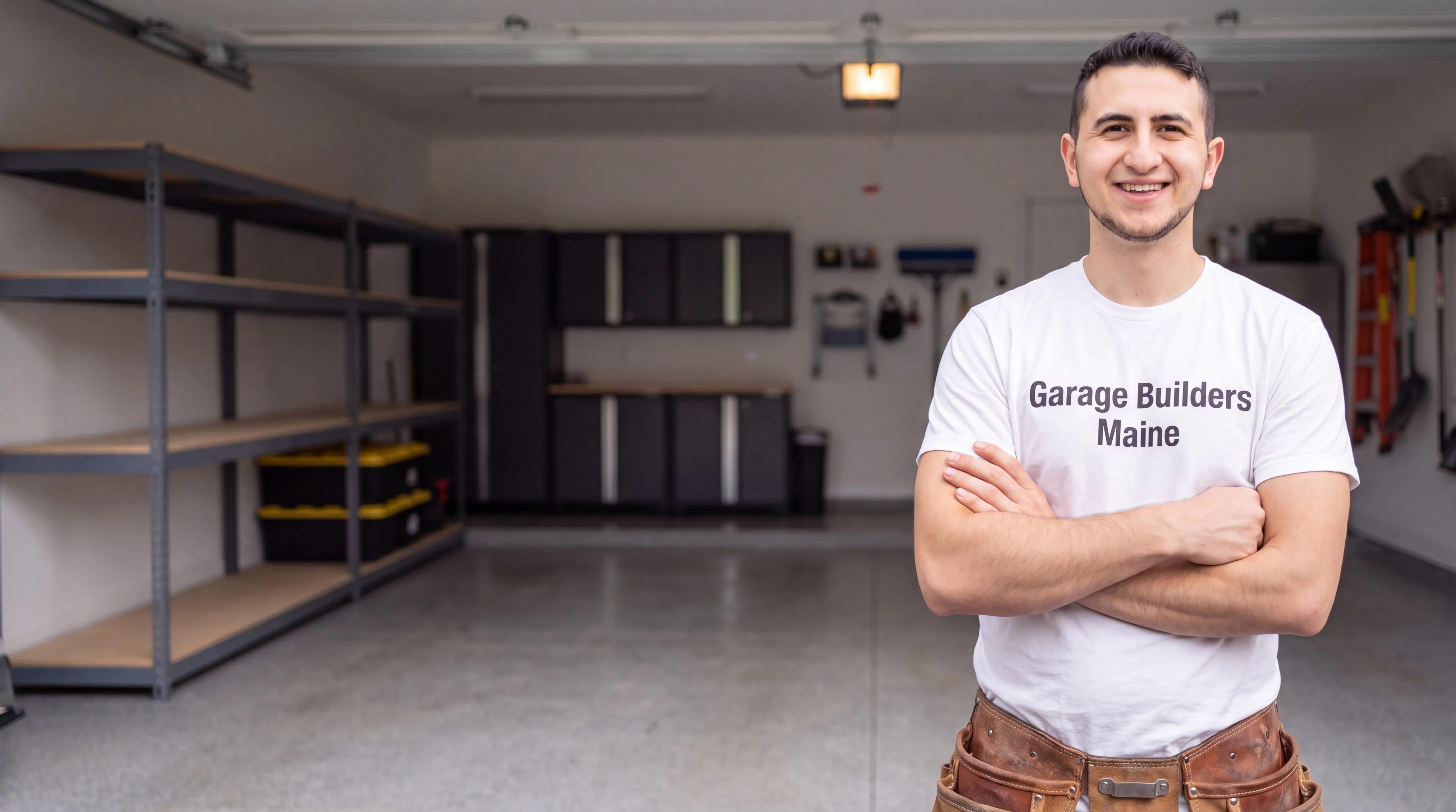 Owner of Garage Builders Maine standing with his arms crossed and smiling at a Maine job site