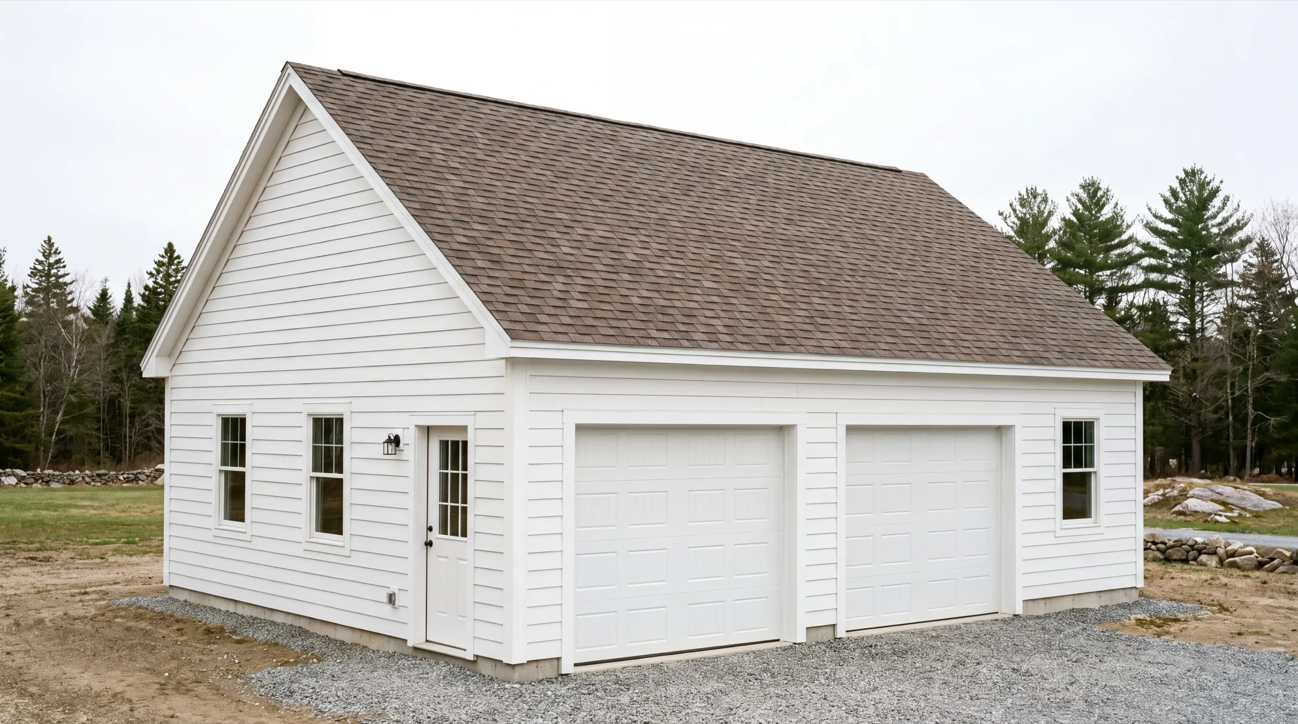 Garage remodeling Monmouth Maine: finished white two-bay garage with white doors, windows and a side door